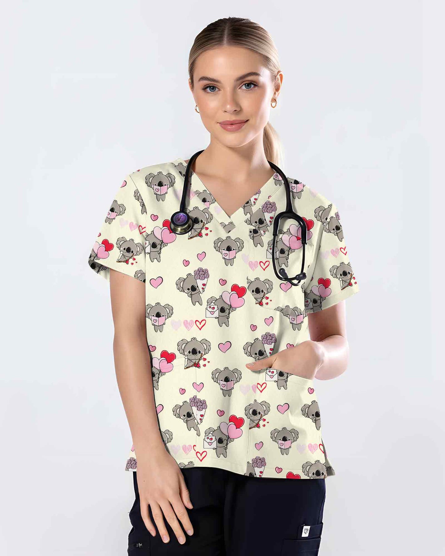 Cupid Koala Valentine Heart Medical Scrub Top