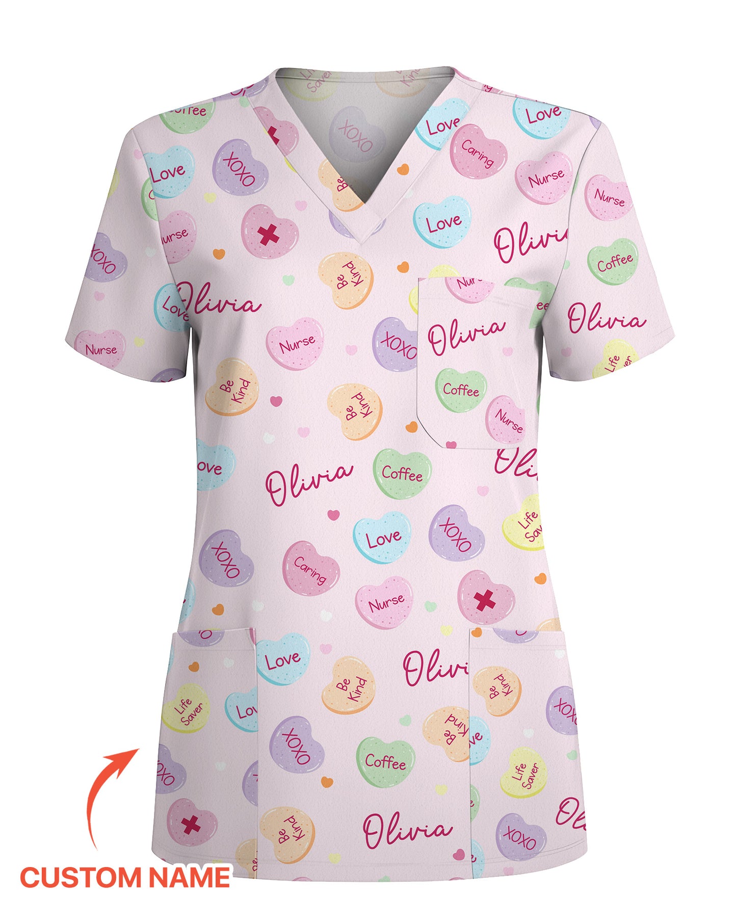 Personalized Candy Hearts Nurse Style Women Scrub Top