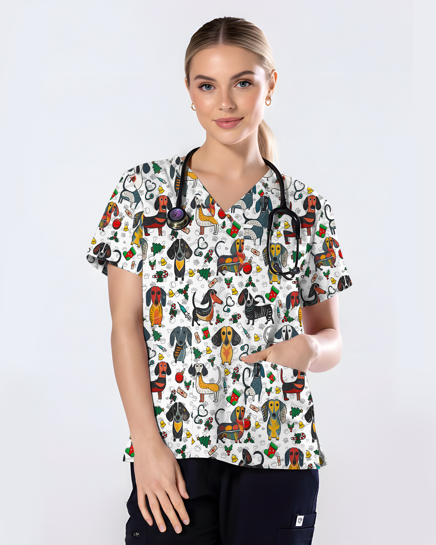 Dachshund Christmas Holiday Nursing Scrub Top