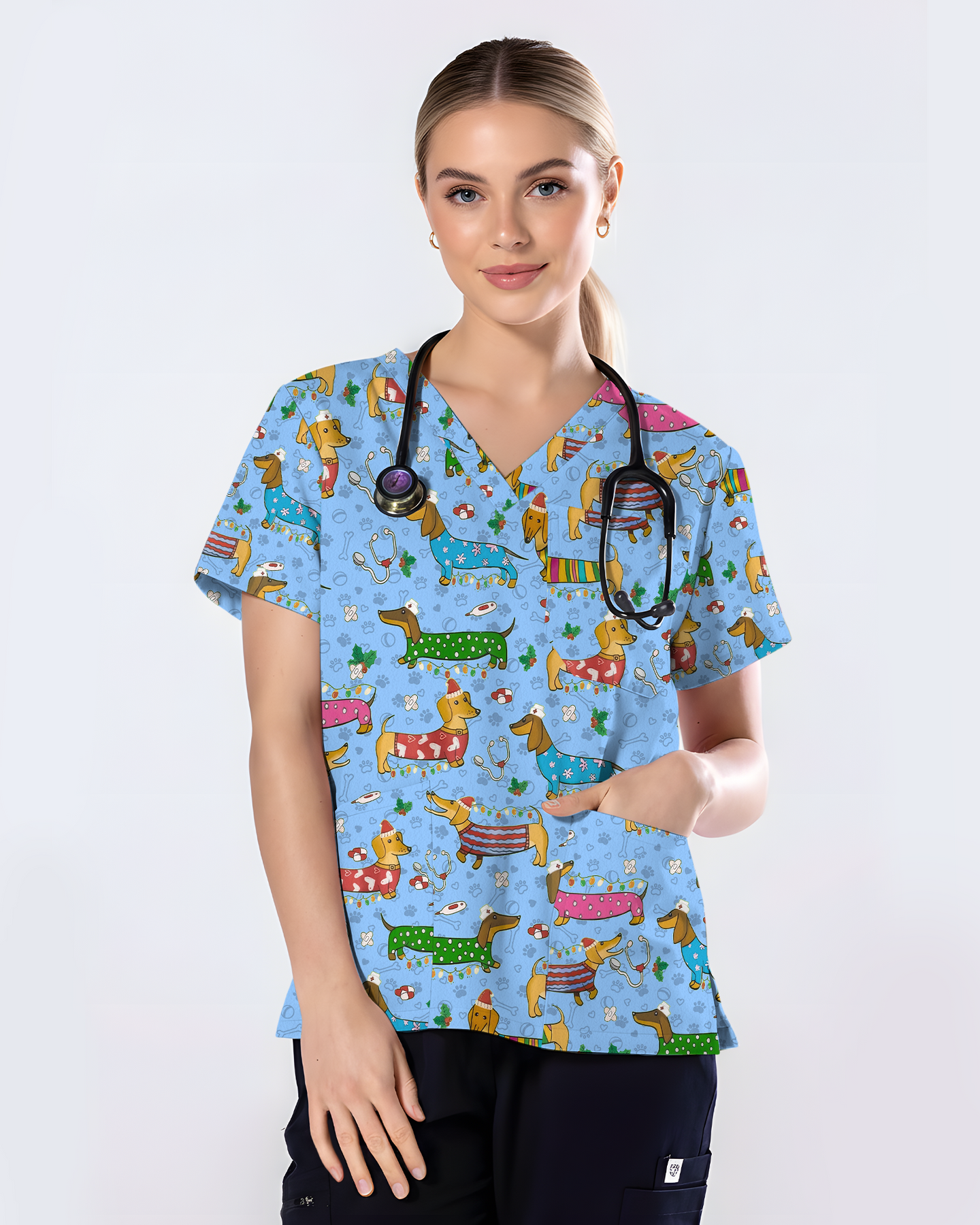 Christmas Dachshund Dog Nursing Scrub Top