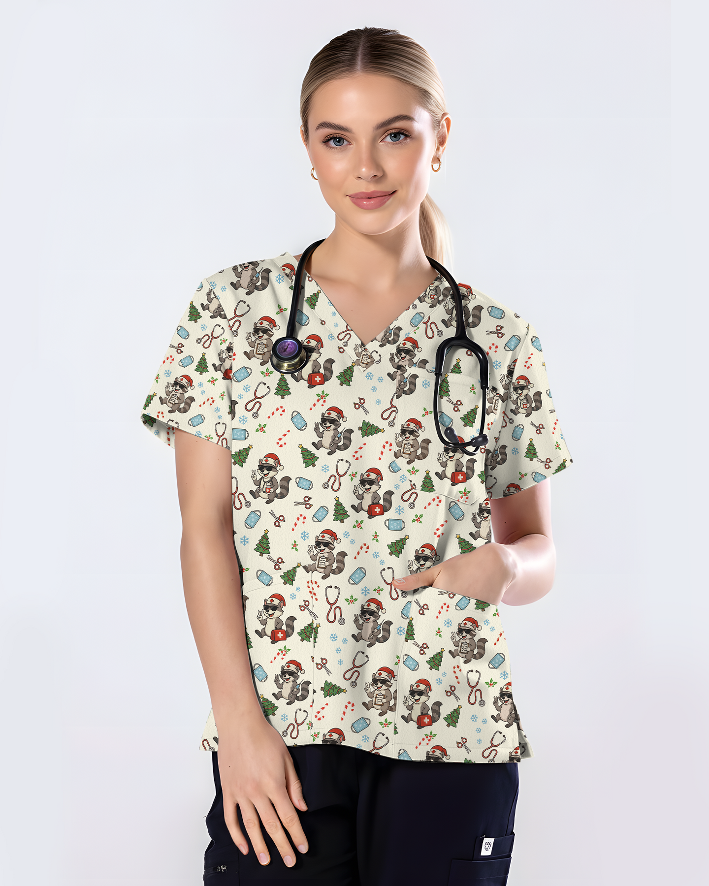 Christmas Raccoon Holiday Nursing Scrub Top