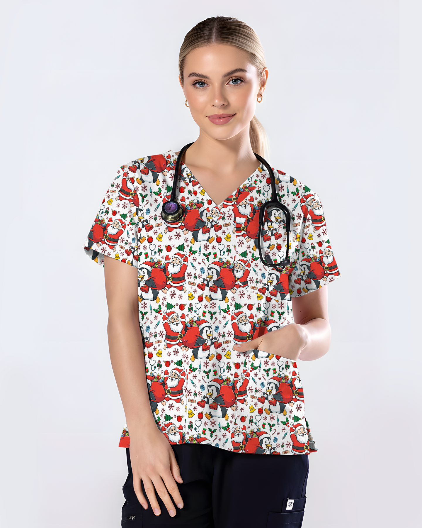 Santa Penguin Christmas Nursing Scrub Top