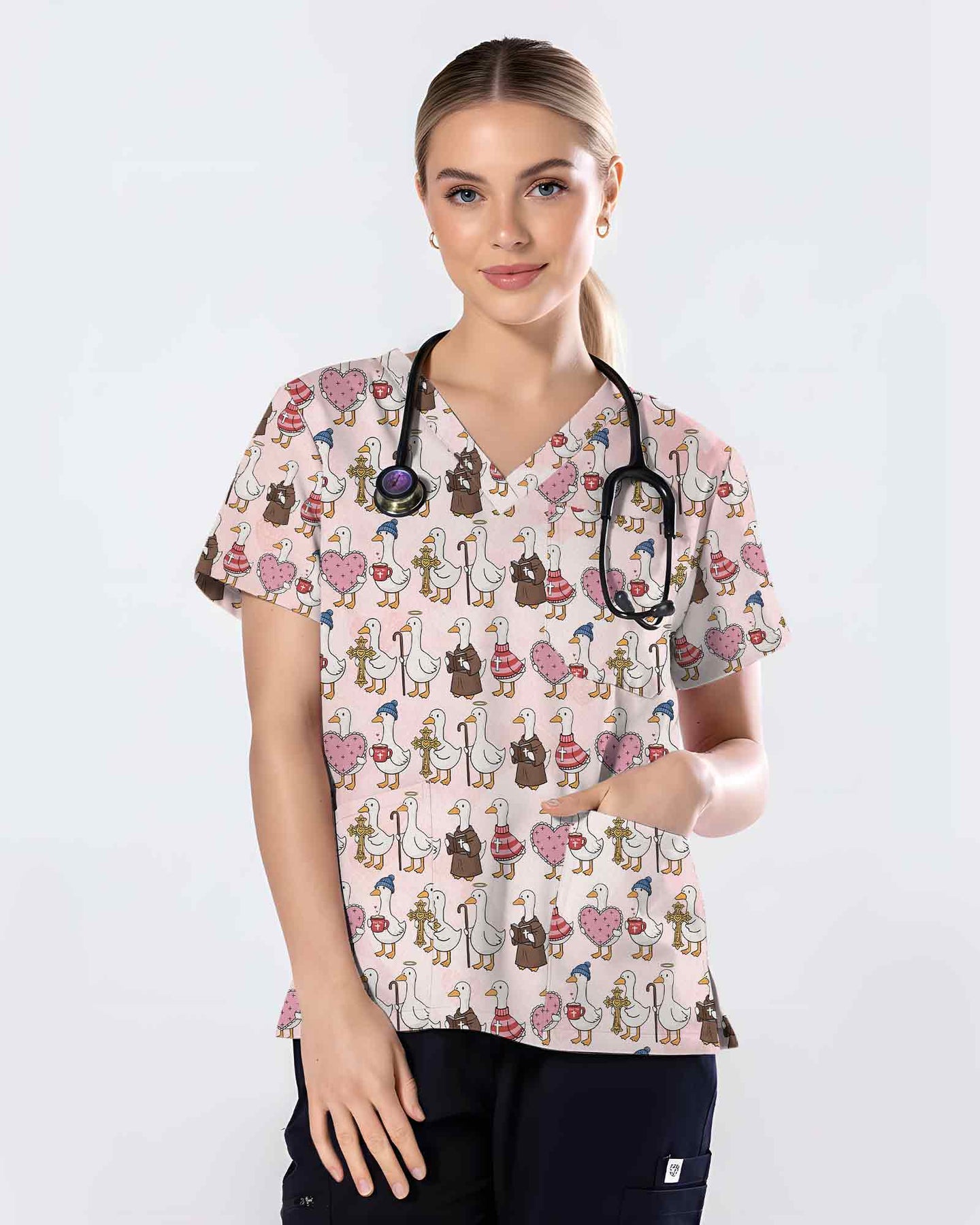 Pink Christian Goose Faith Valentine Medical Scrub Top