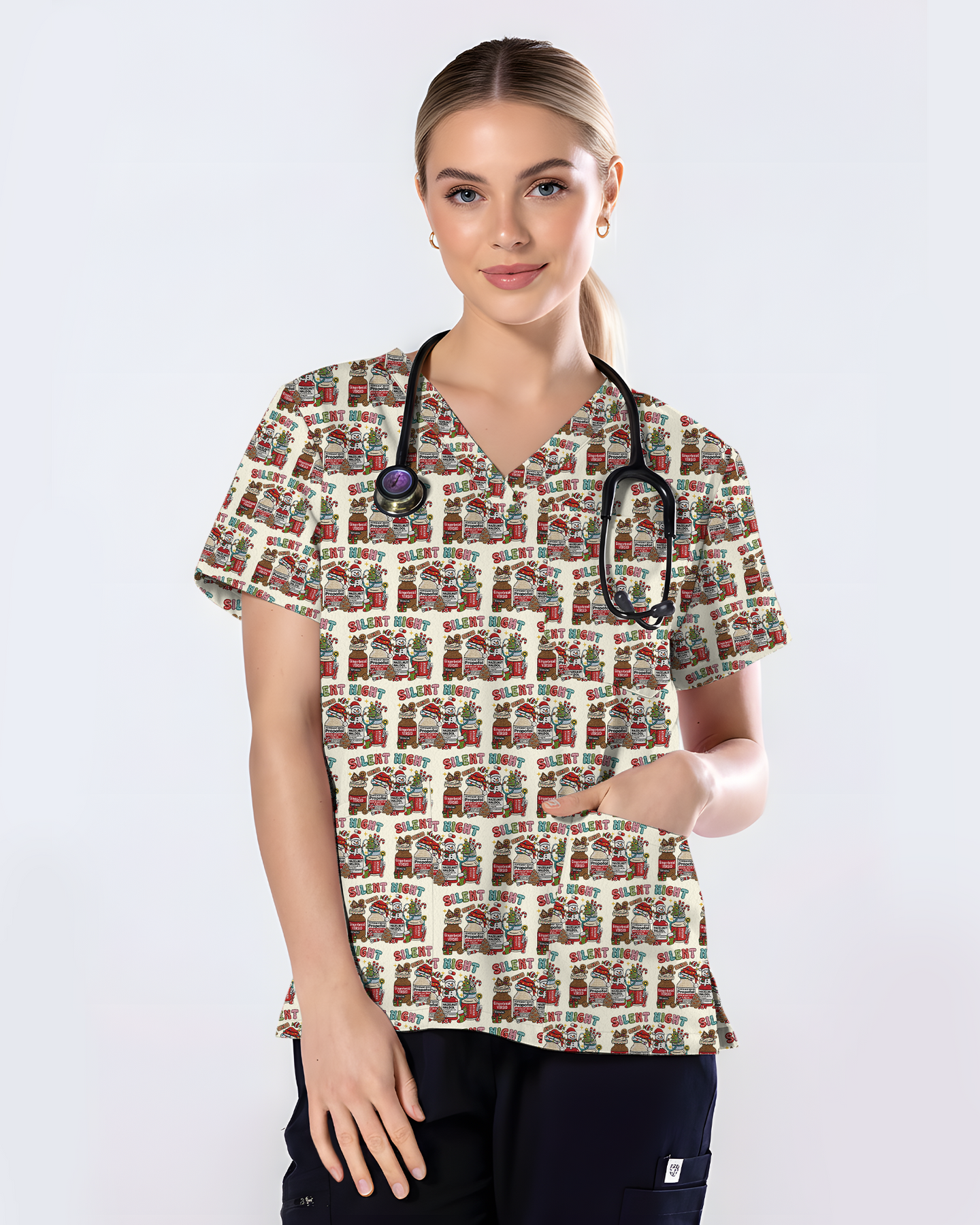 Funny Silent Night Medical Christmas Scrub Top