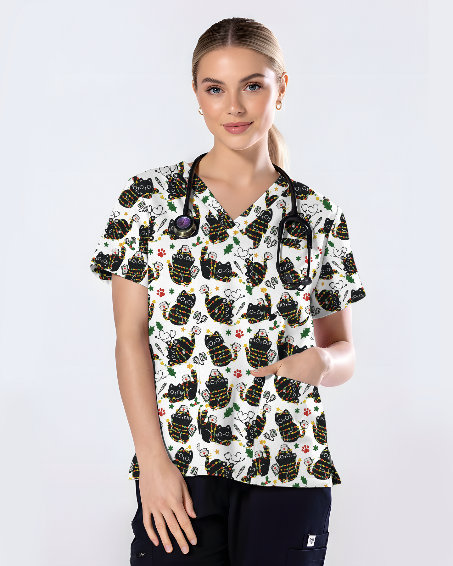 Merry Catmas Christmas Lights Black Cat Scrub Top