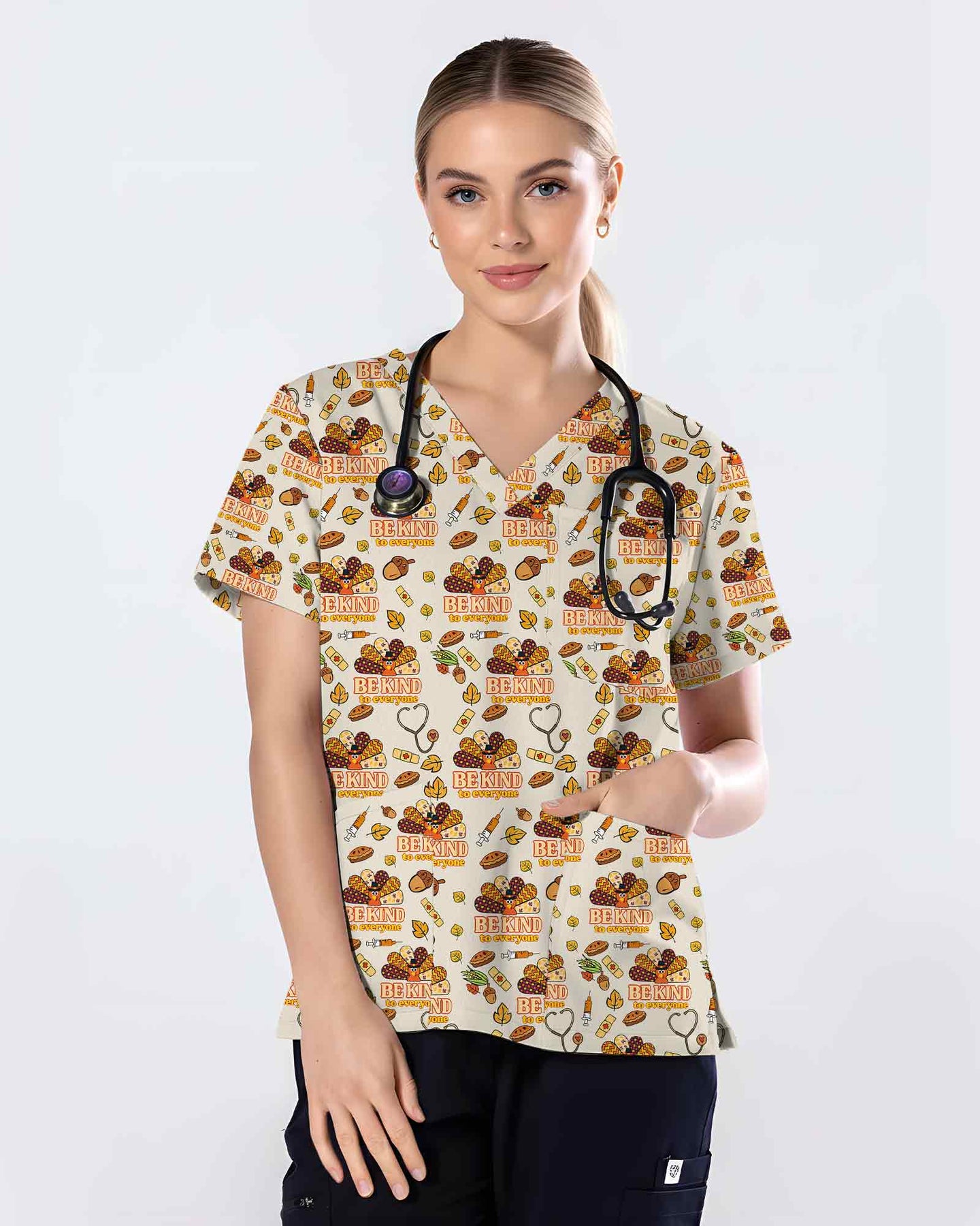Thanksgiving Be Kind Turkey Medical Scrub Top