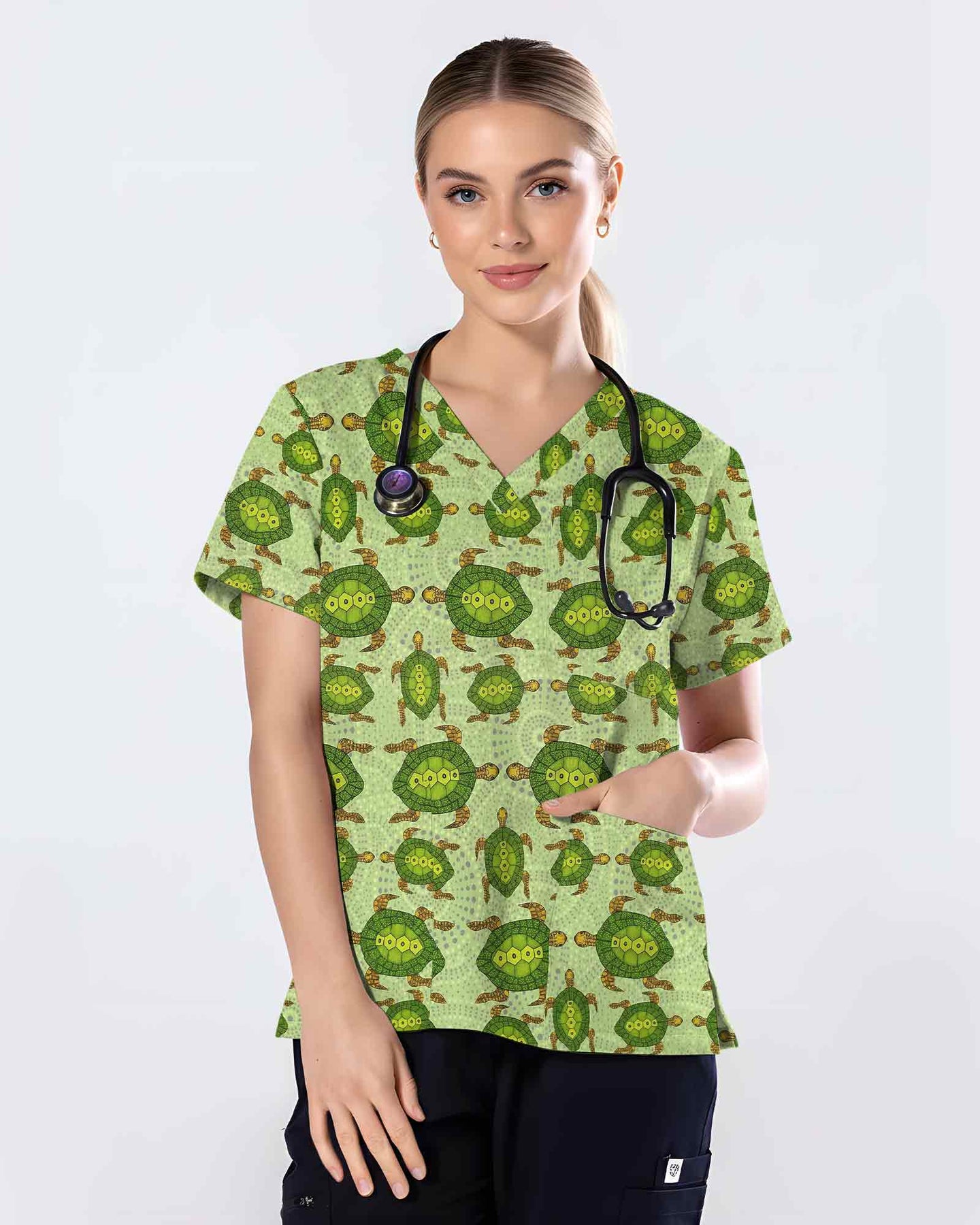Green Sea Turtle Dot Art Medical Scrub Top