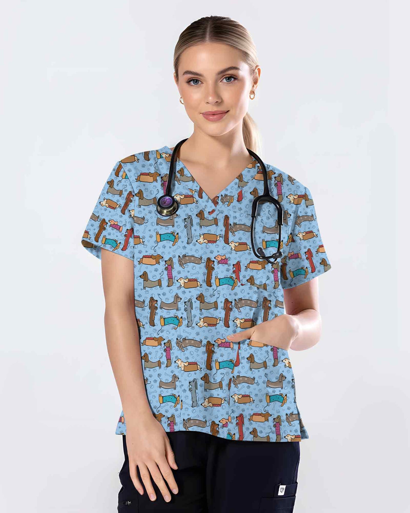 Cartoon Dachshund & Hot Dog Scrub Top