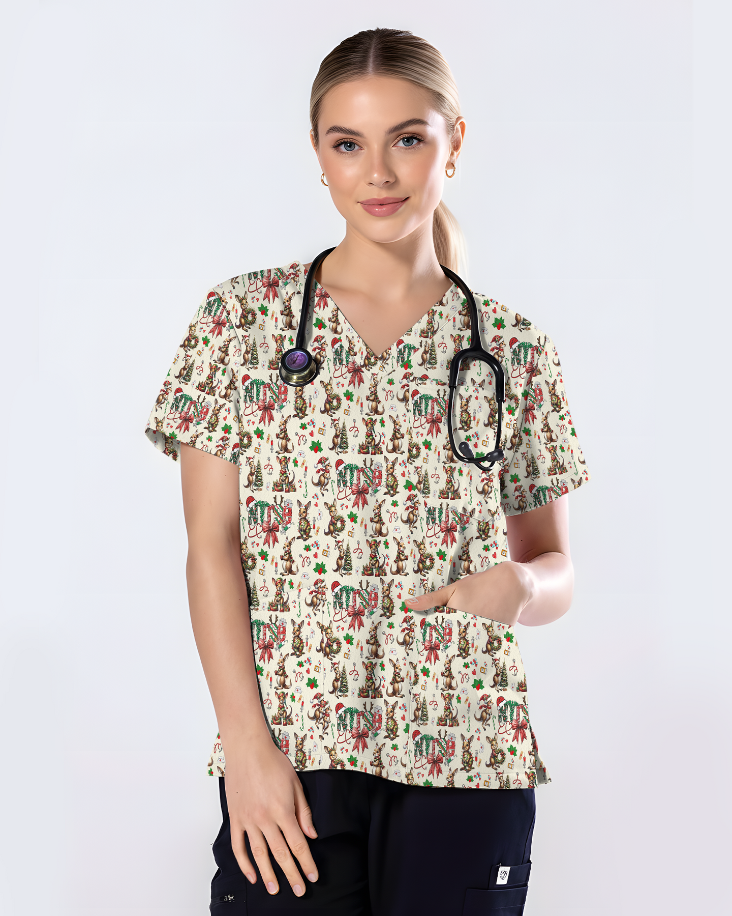 Funny Christmas Kangaroo Holiday Medical Scrub Top