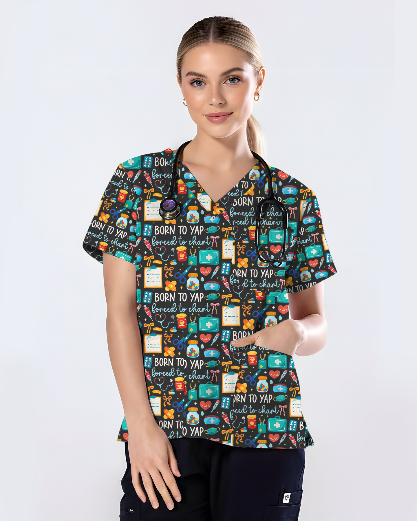 Born To Yap Forced To Chart Funny Nurse Scrub Top