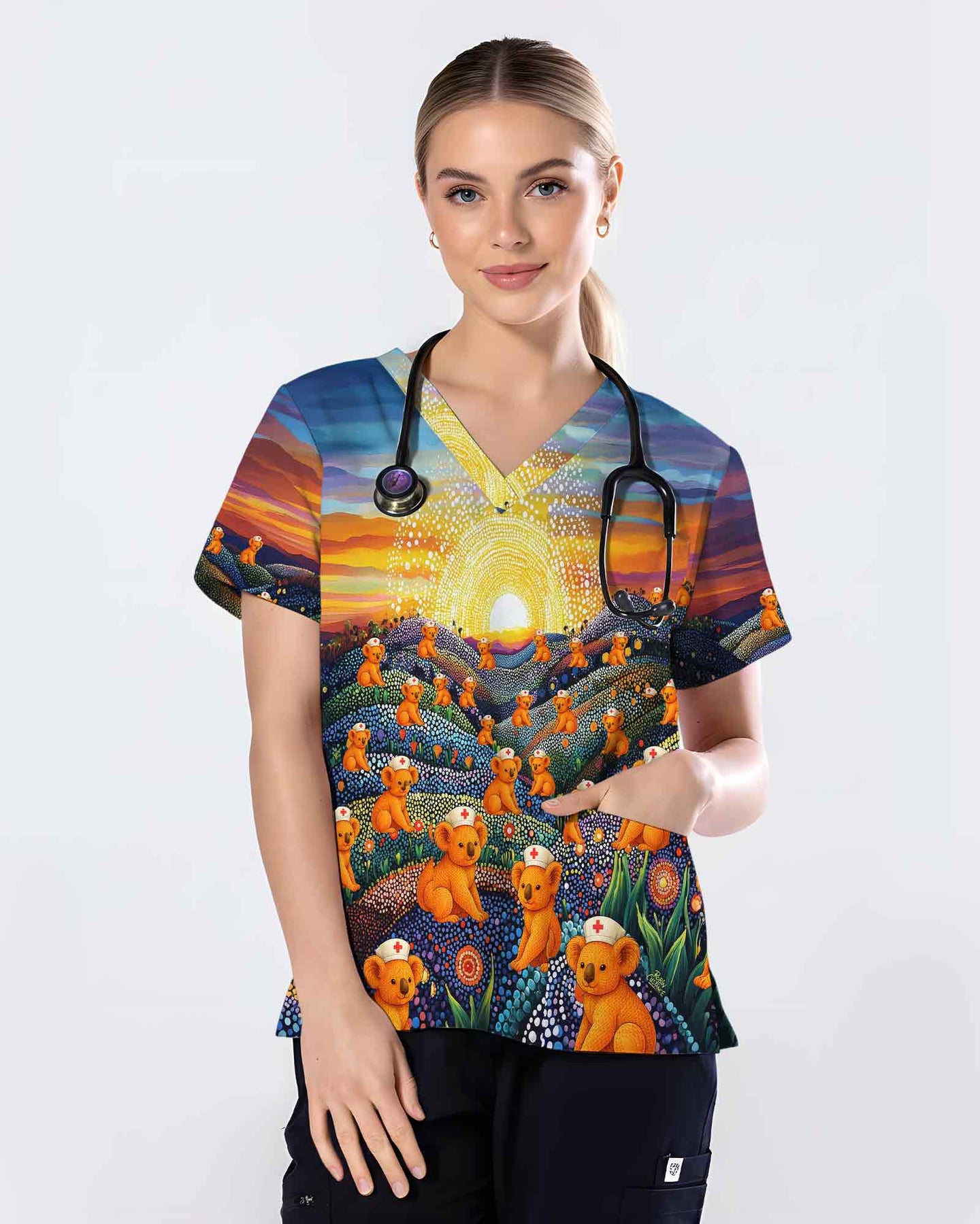 Australian Landscape Koala Nurse Medical Scrub Top