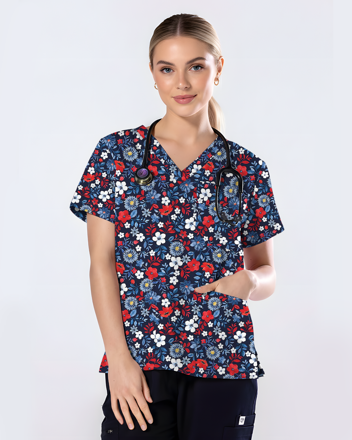 Patriotic Navy Floral Nursing Scrub Top