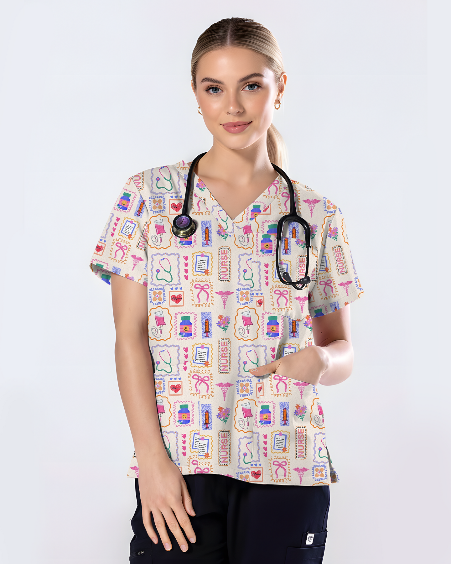 Hand-Drawn Colorful Nurse Life Doodle Scrub Top