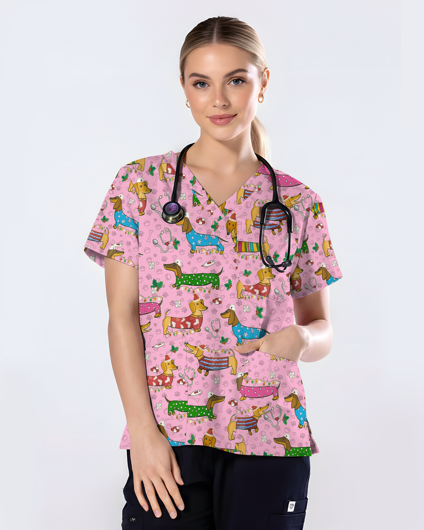 Christmas Dachshund Dog Nursing Scrub Top