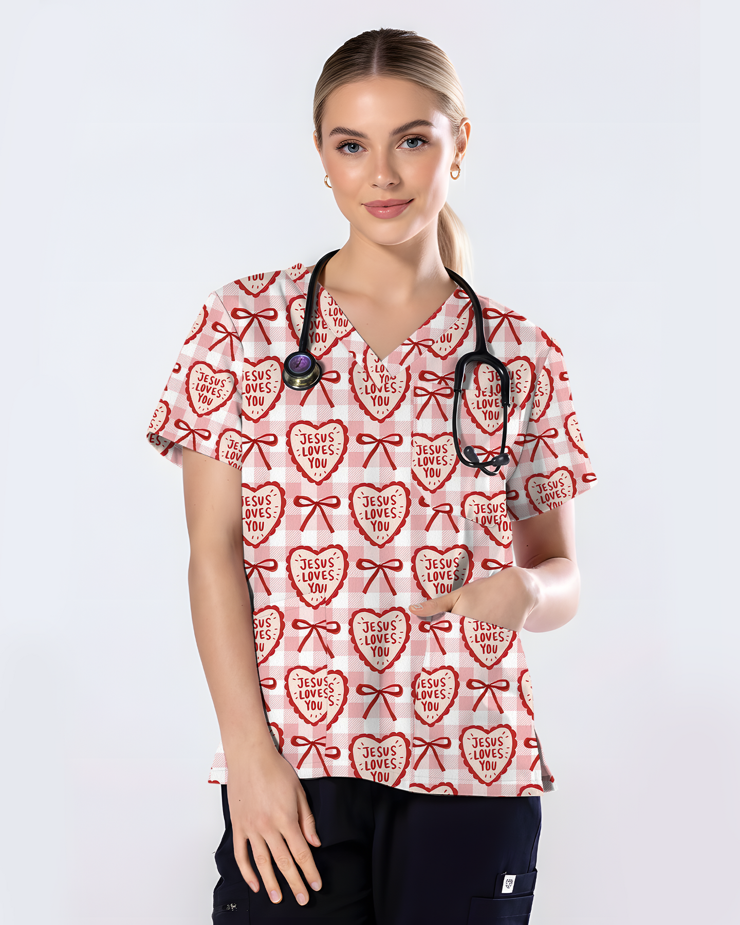 Jesus Loves You Heart Bow Nursing Scrub Top