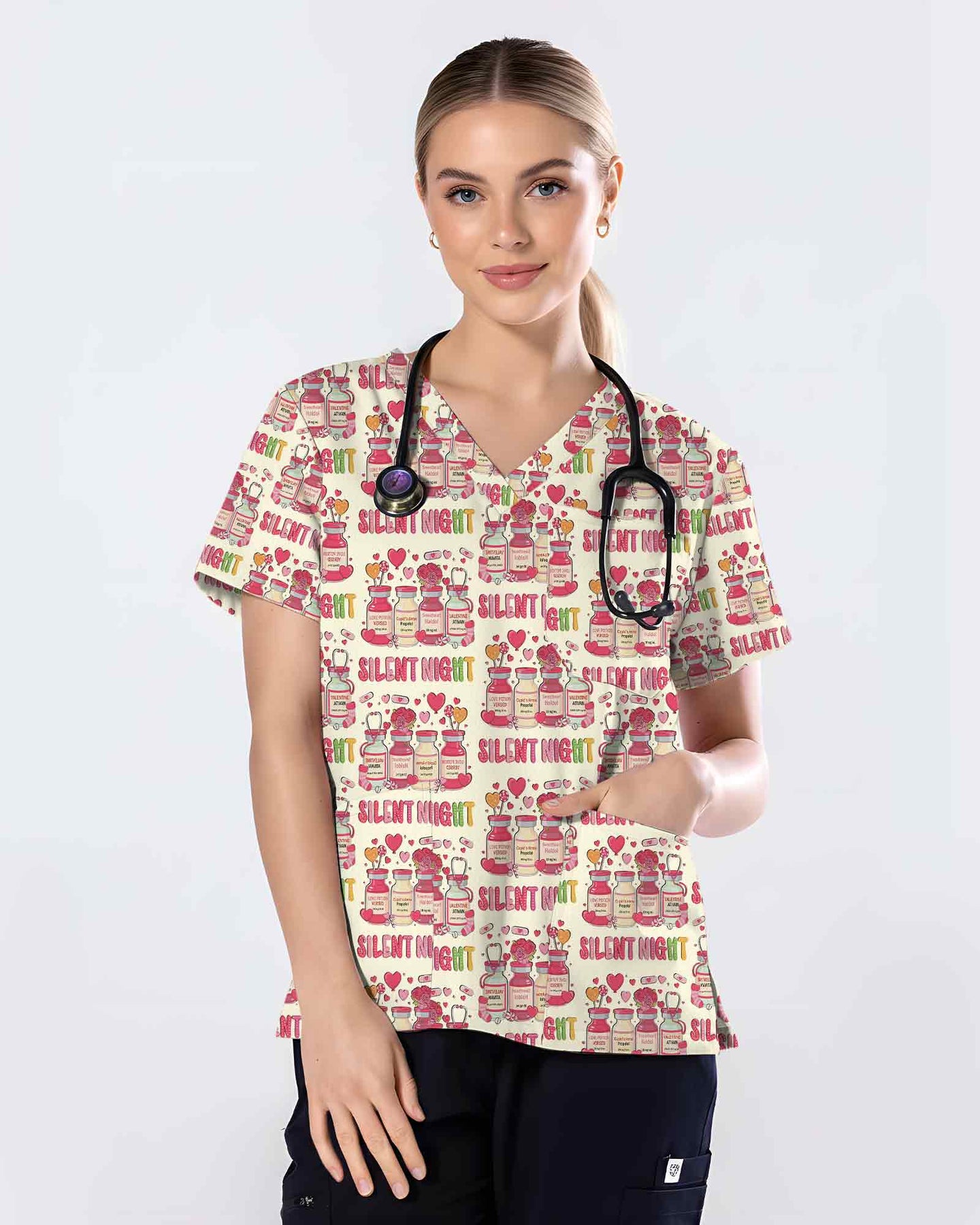 Funny Silent Night Valentine Nurse Scrub Top