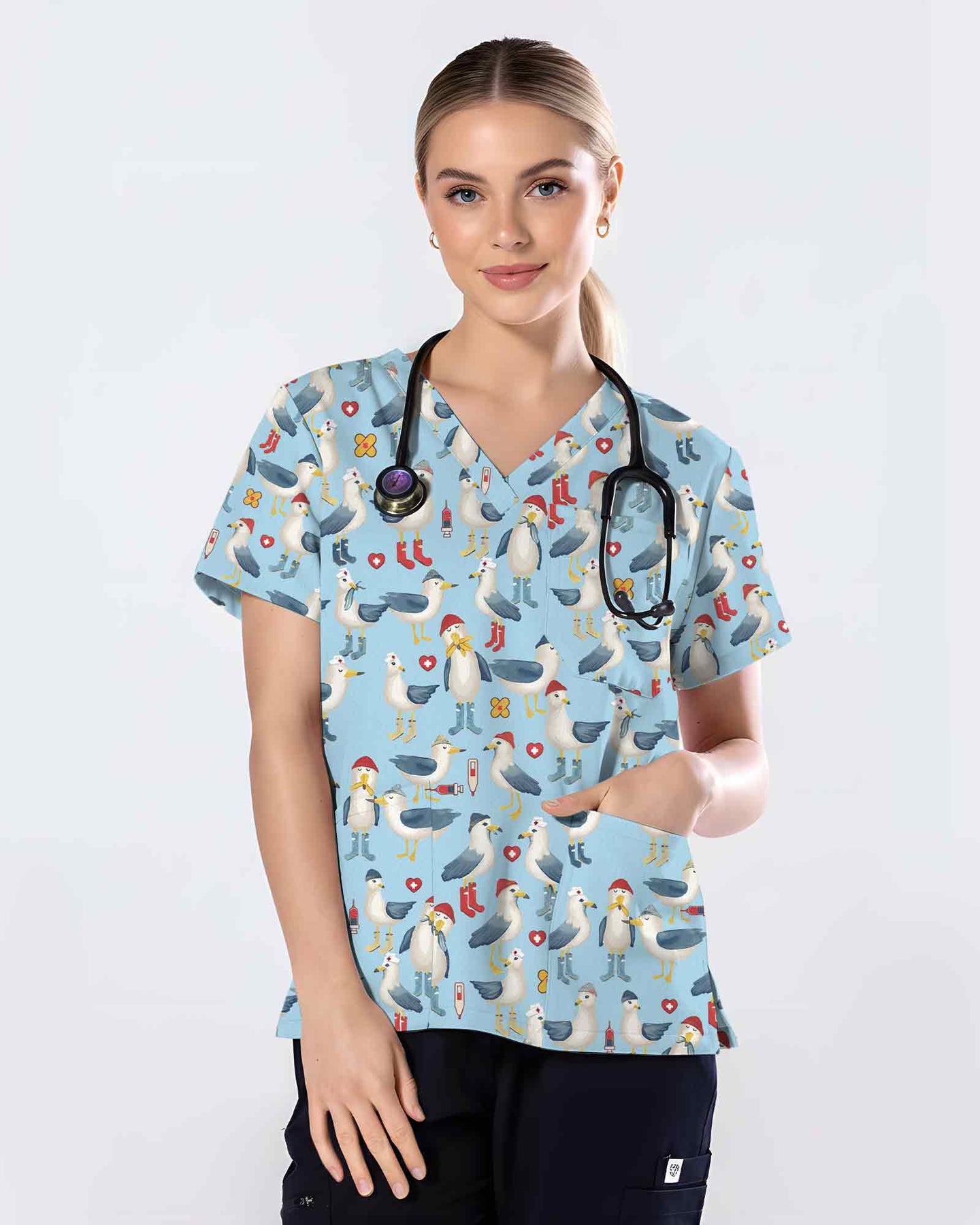 Cute Seagull Crew Medical Nursing Scrub Top
