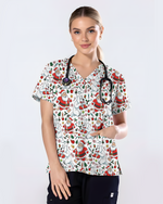 Santa and Polar Bear Christmas Holiday Nursing Scrub Top