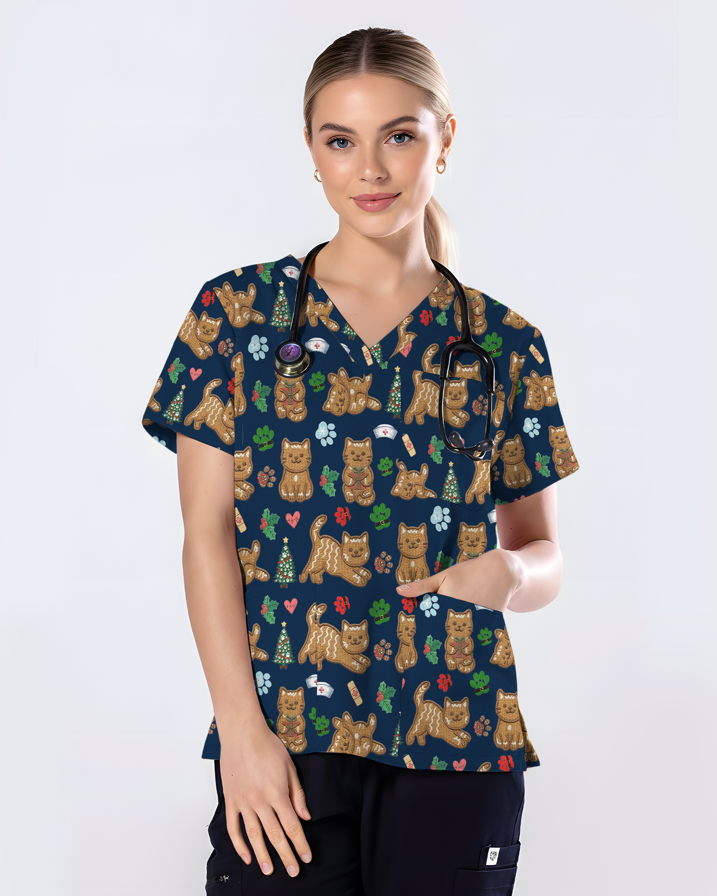 Cute Gingerbread Cat Christmas Medical Nurse Scrub Top