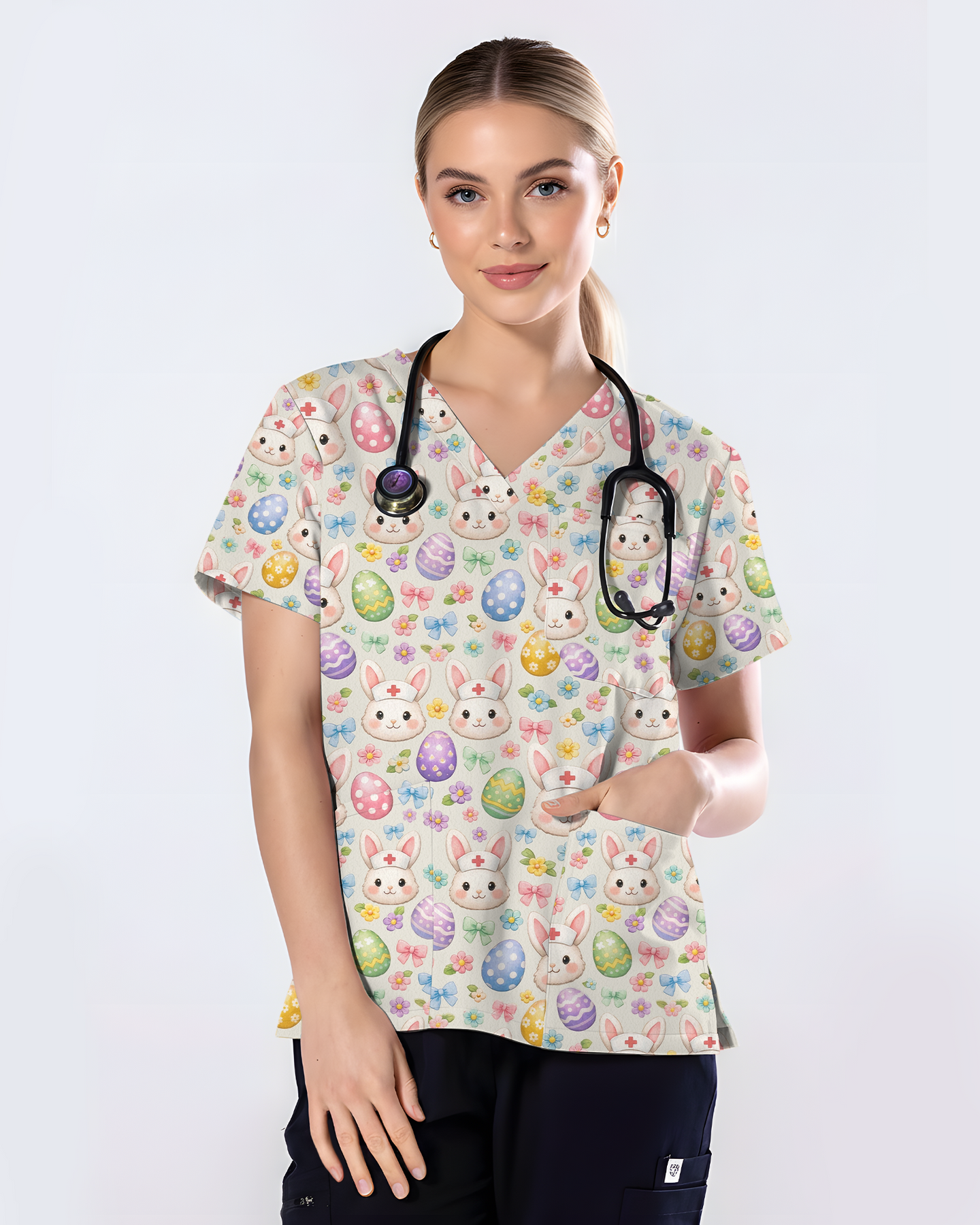 Pastel Medical Bunny Eggs Medical Scrub Top
