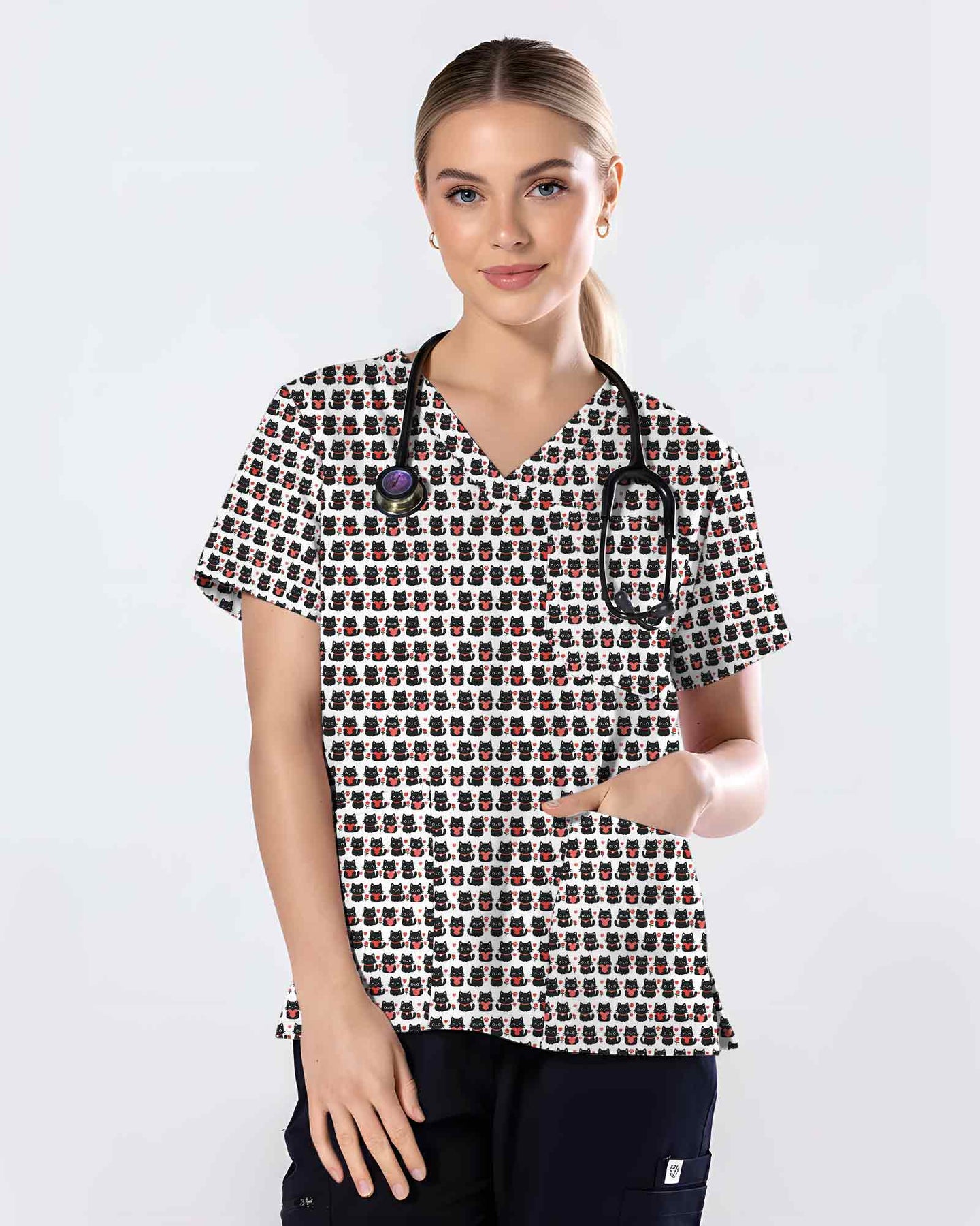 Cute Black Cat Heart Scrub Top