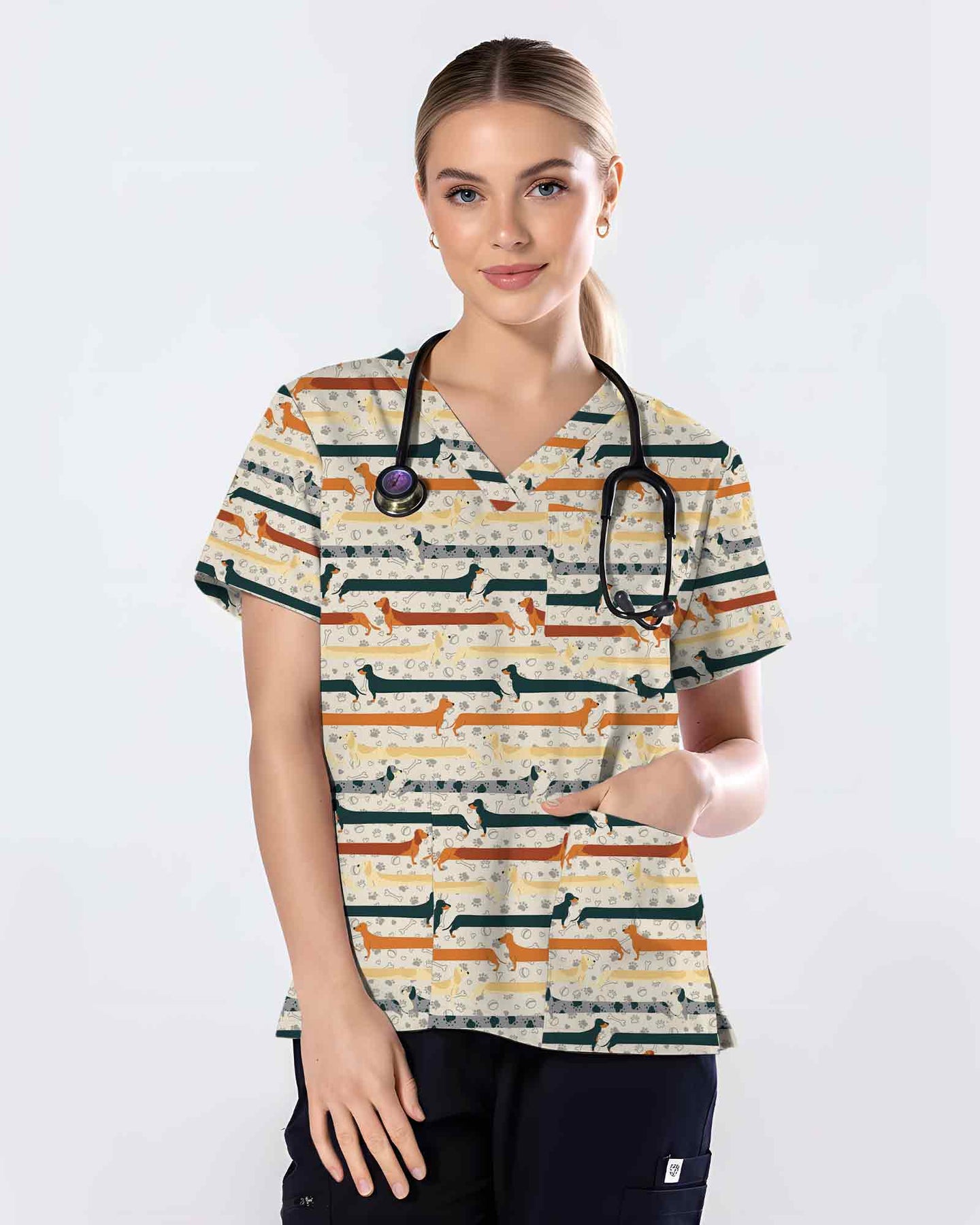 Playful Dachshund Striped Scrub Top