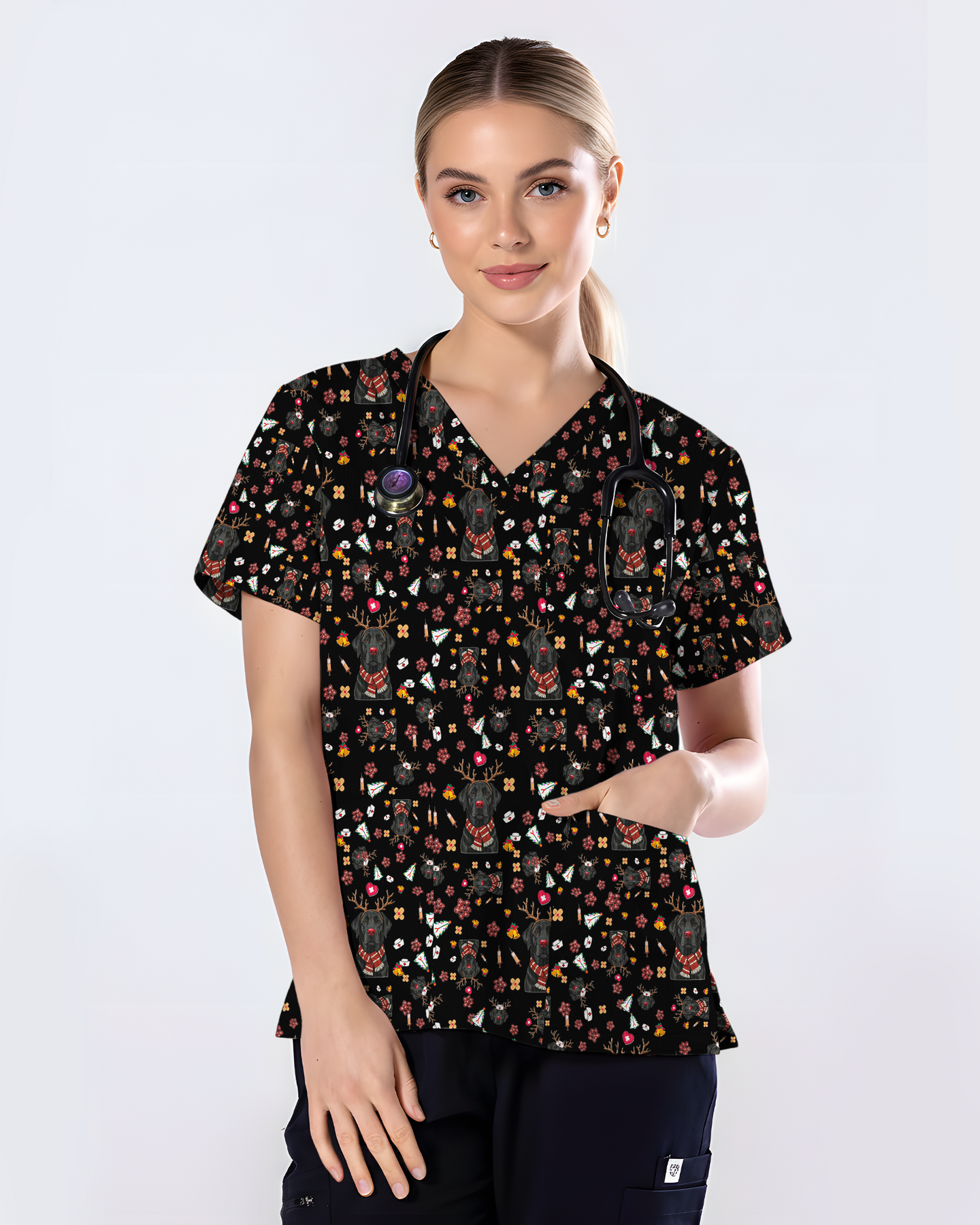 Funny Black Lab Reindeer Scrub Top