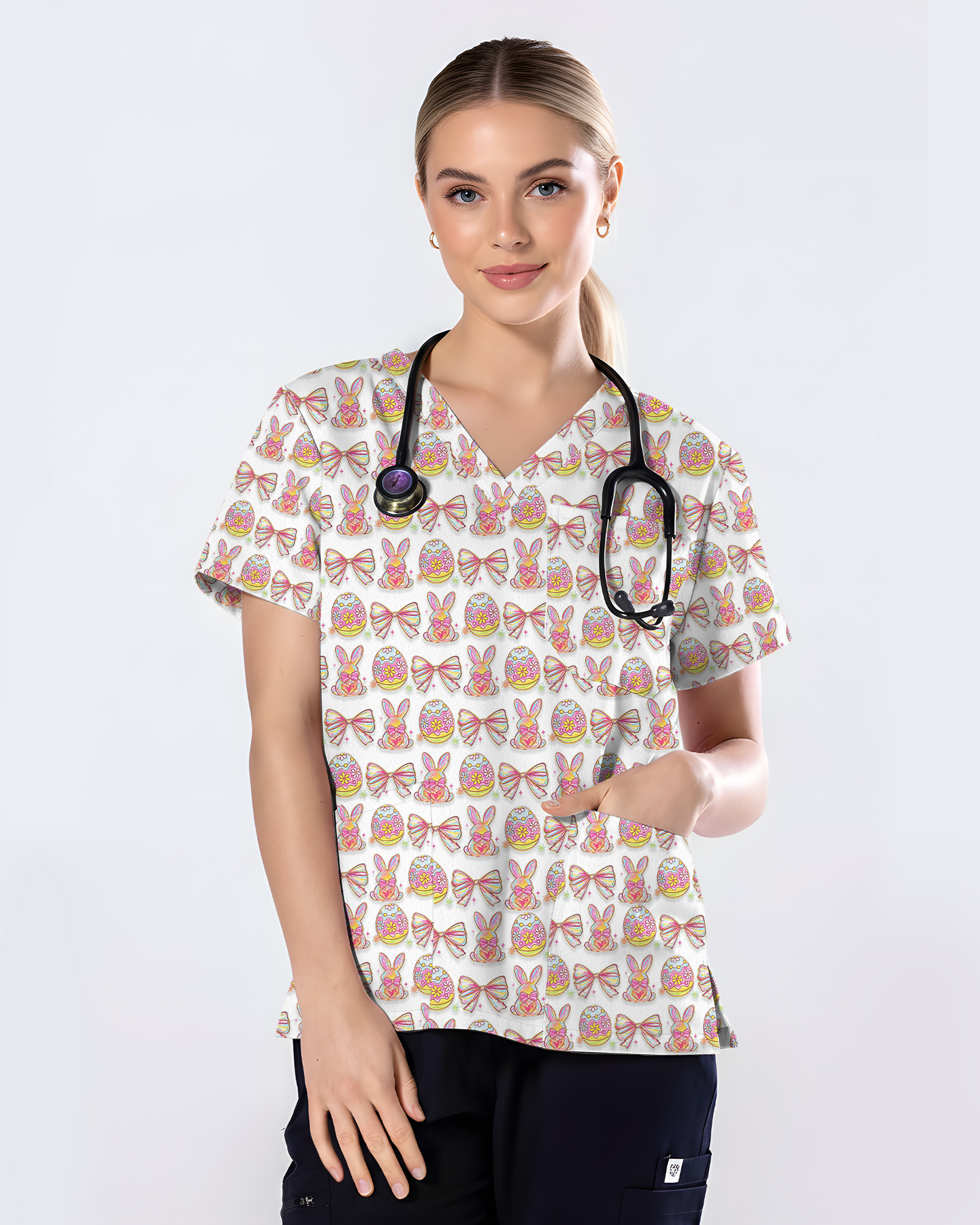 Pastel Easter Bunny & Bows Cute Nurse Scrub Top