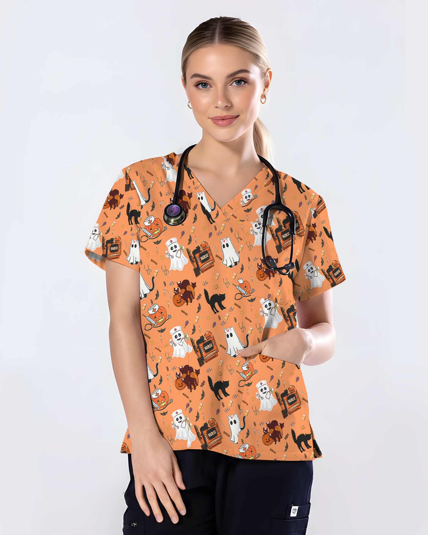 Cute Halloween Ghost Nurse Medical Scrub Top