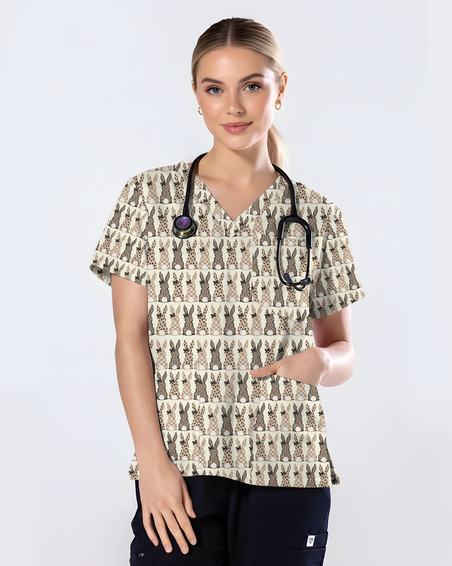 Easter Bunny Leopard Print Scrub Top