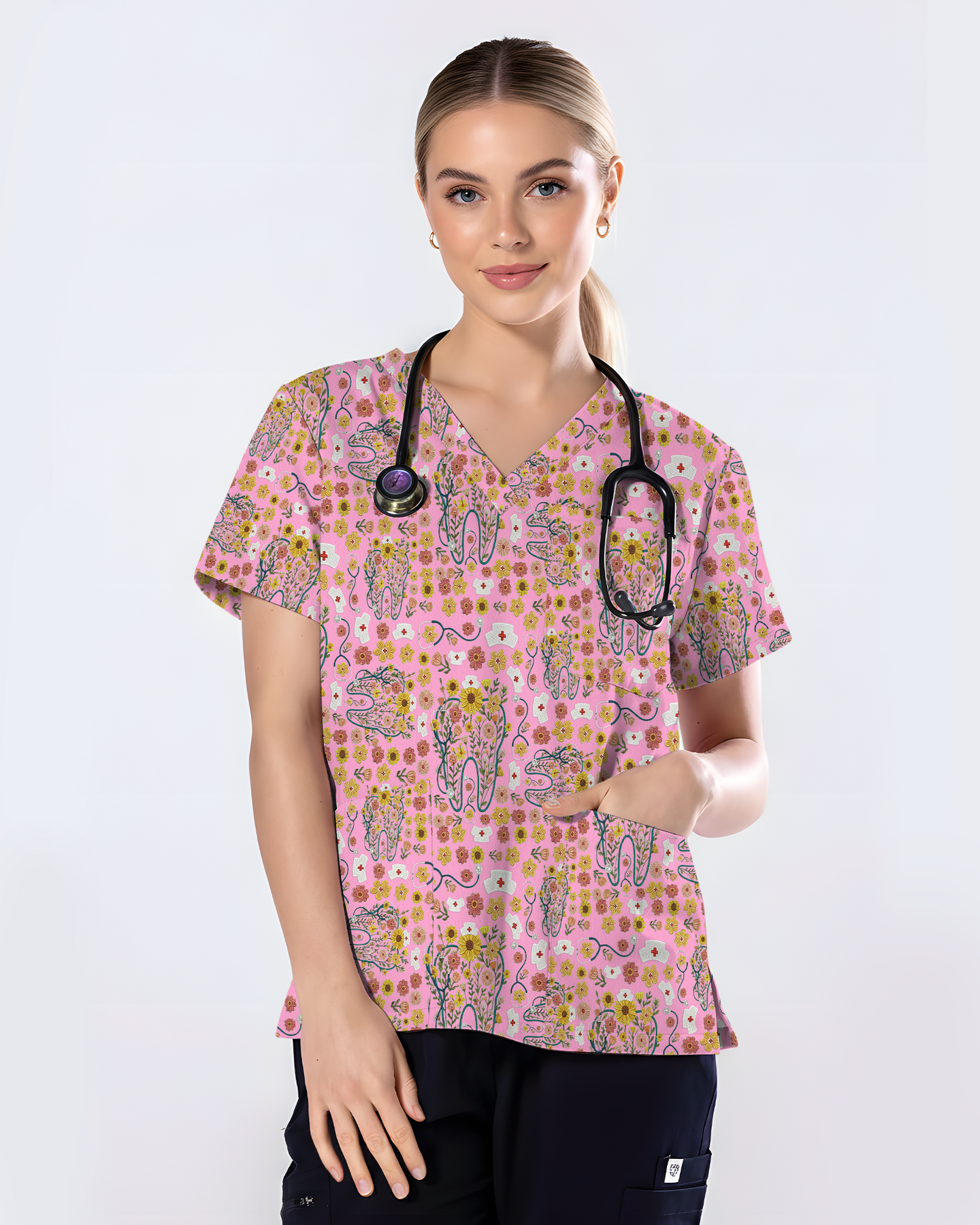 Floral Tooth Sunflower Dental Assistant Scrub Top