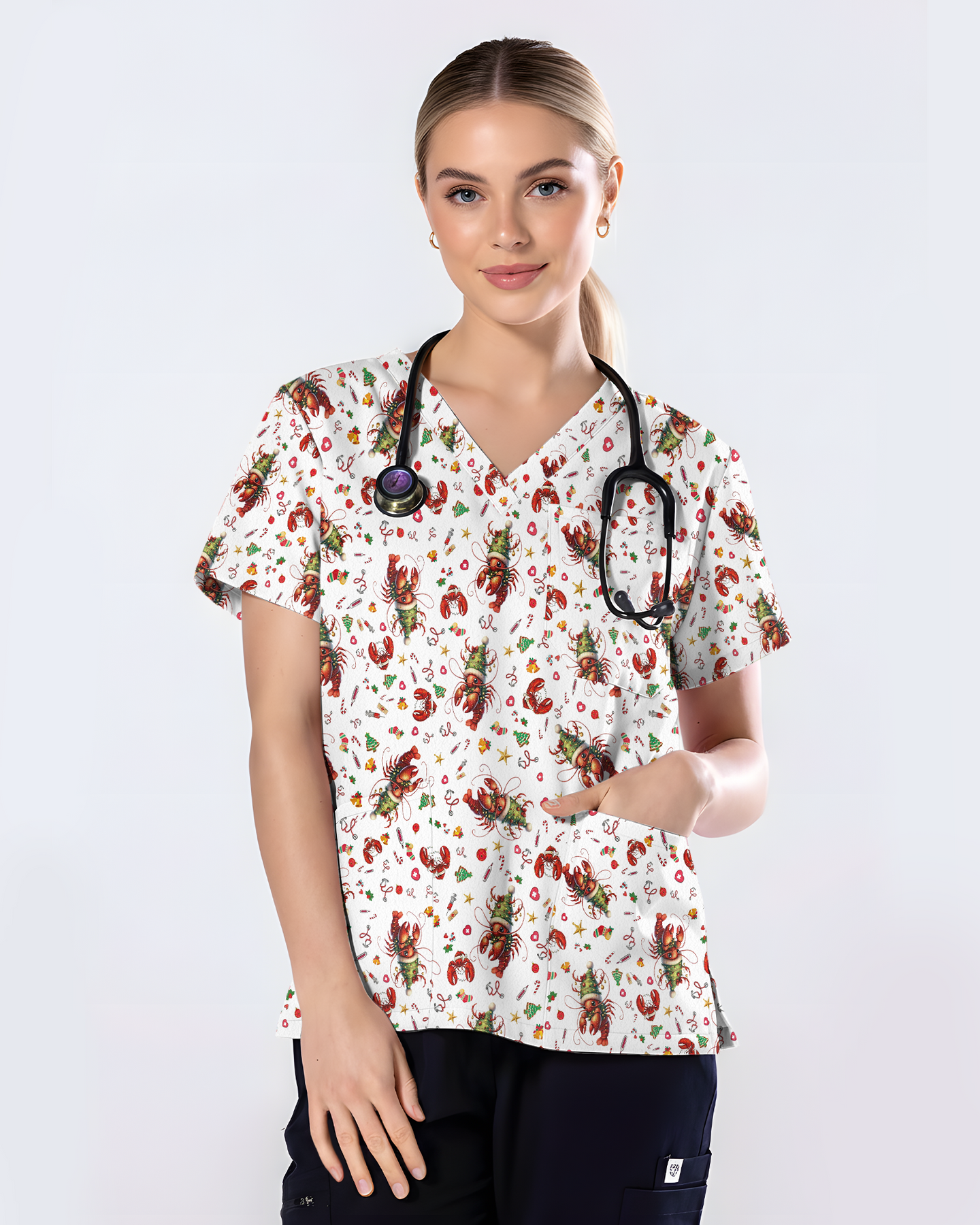 Funny Christmas Lobster Holiday Medical Scrub Top