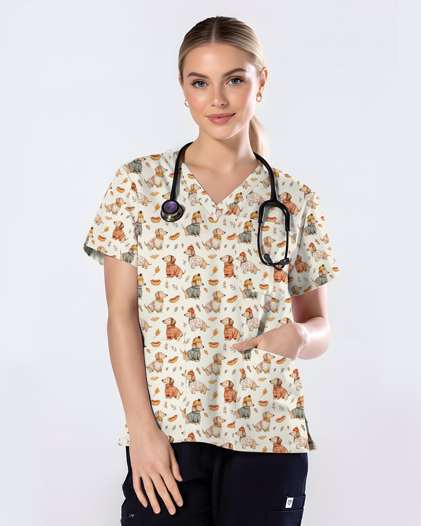 Autumn Dachshund Sweater Weather Nurse Scrub Top