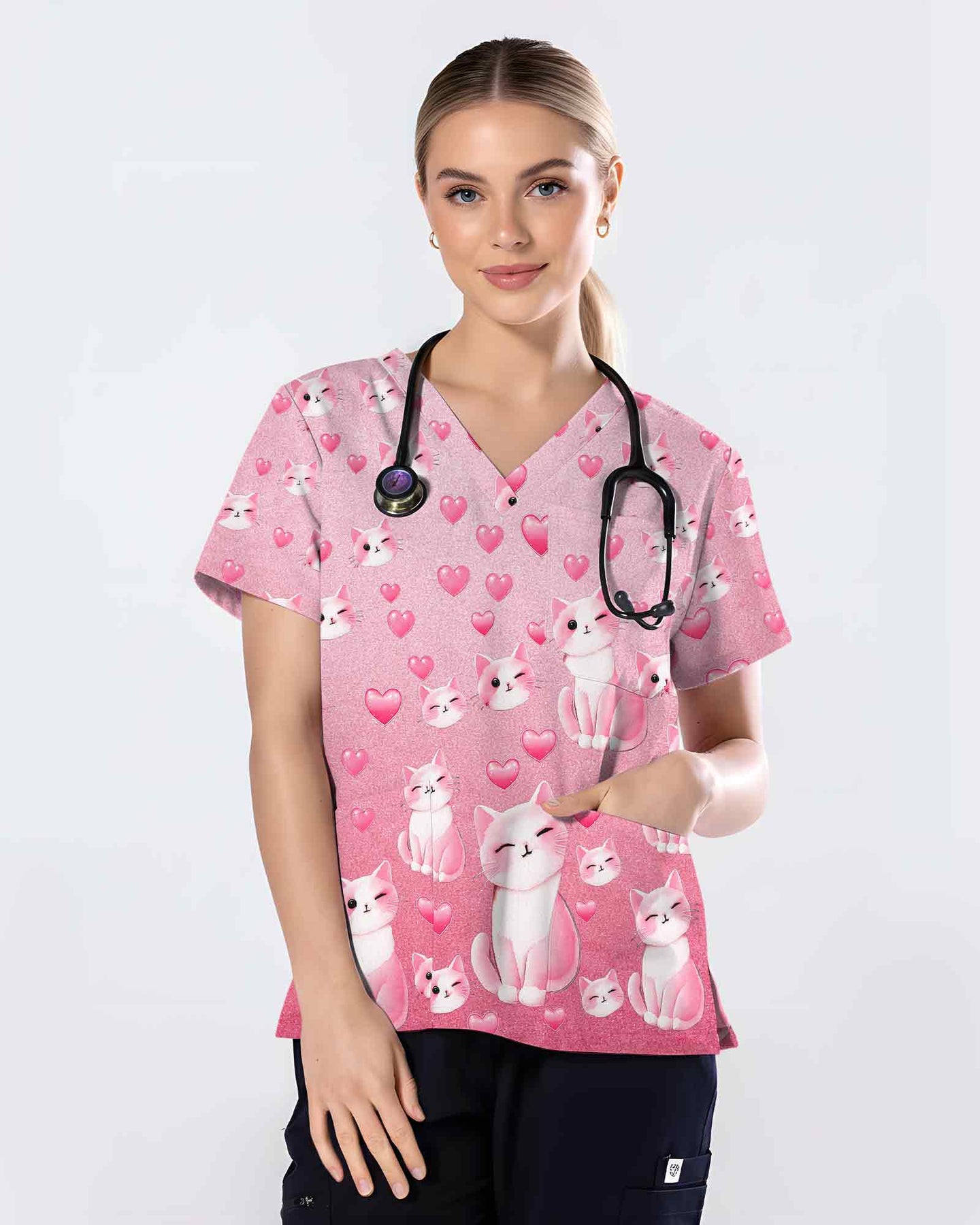 Cute Cats and Hearts Valentine Scrub Top