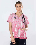Cute Cats and Hearts Valentine Scrub Top