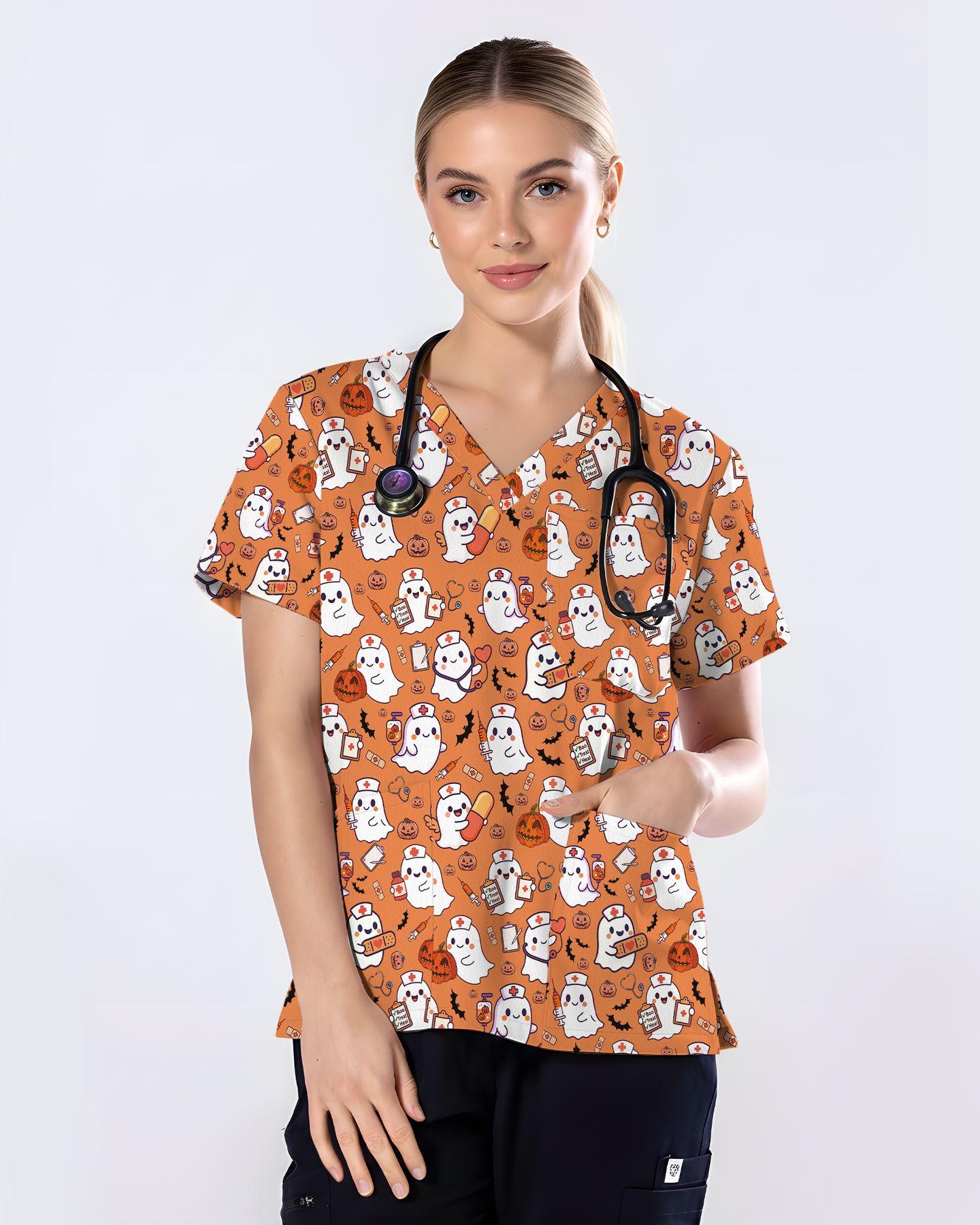 Spooky Cute Ghost Nurse Halloween Scrub Top