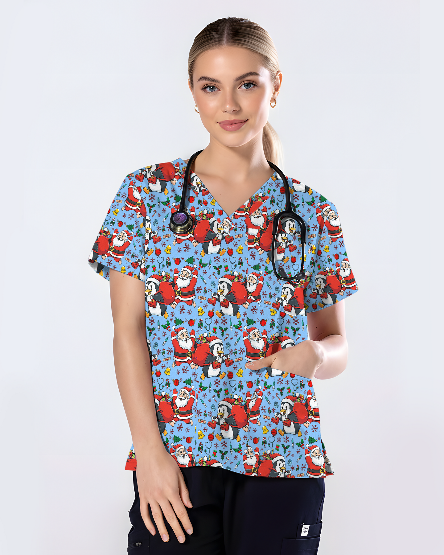 Santa Penguin Christmas Nursing Scrub Top