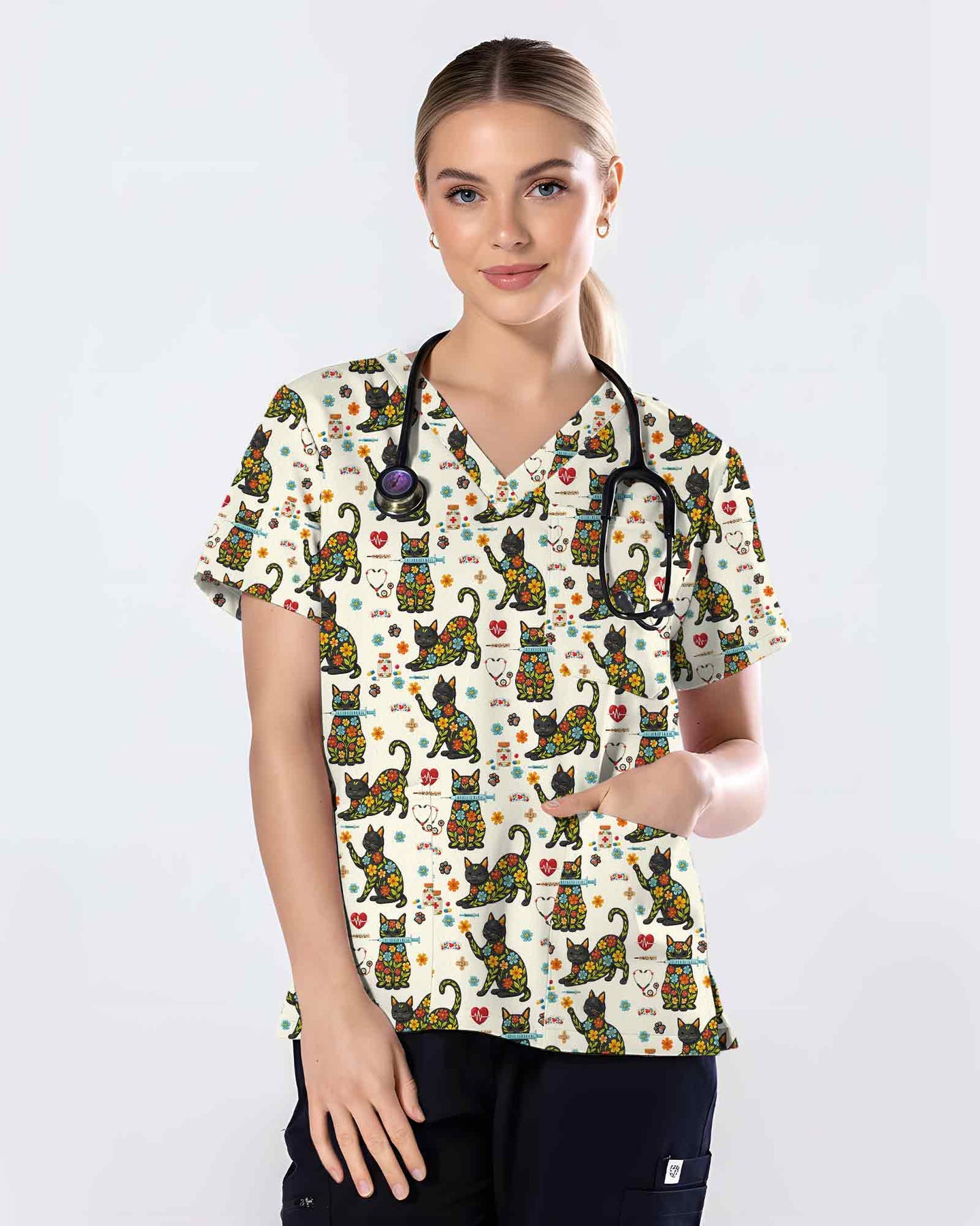 Floral Black Cat Medical Scrub Top