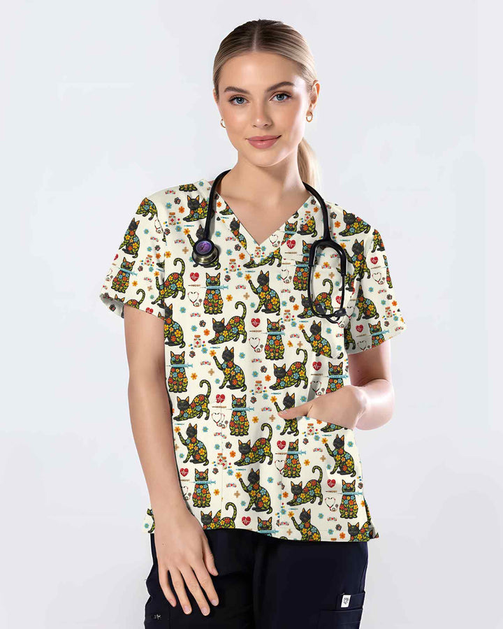 Floral Black Cat Medical Scrub Top