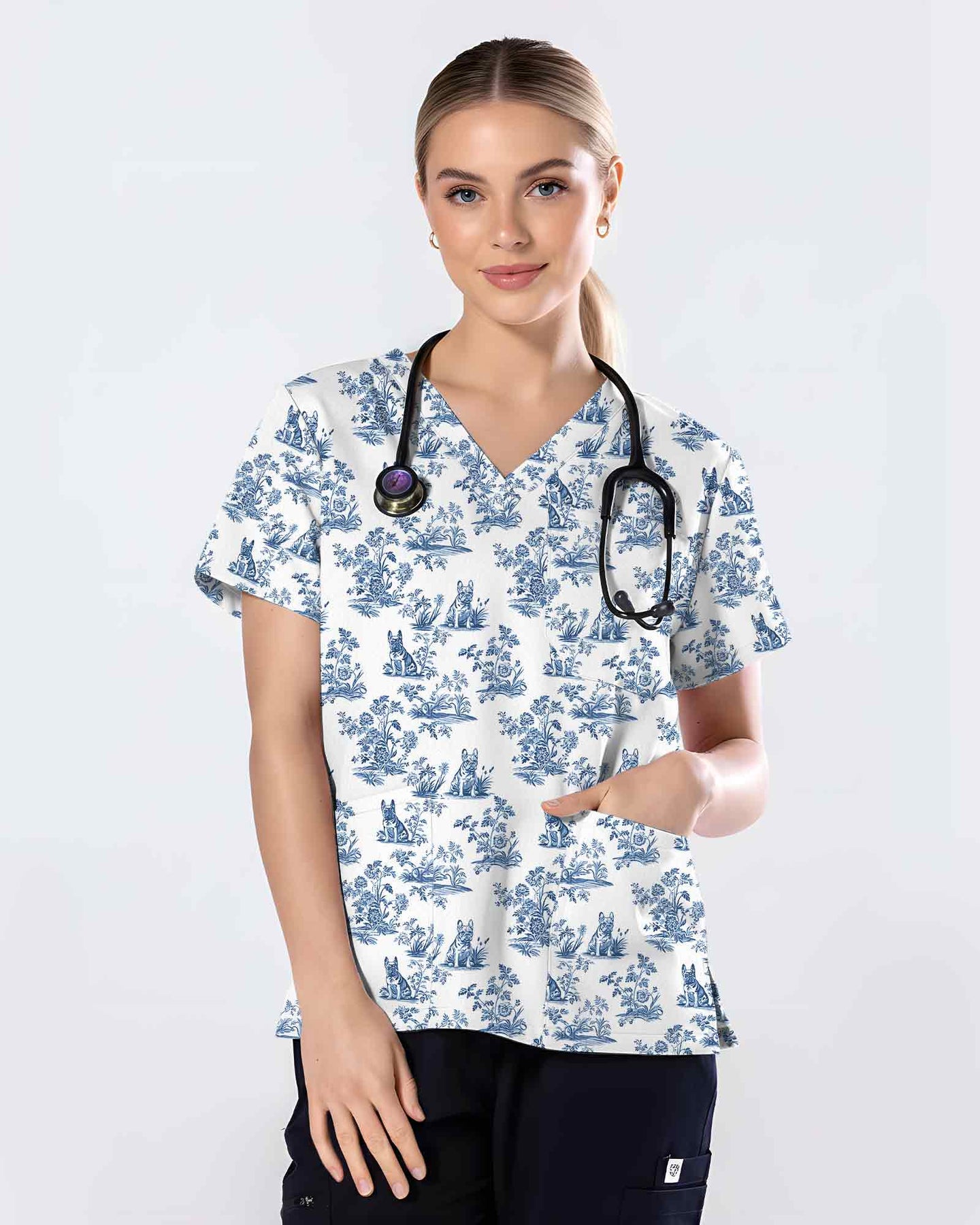Blue Toile French Bulldog Scrub Top