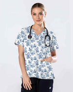Blue Toile French Bulldog Scrub Top
