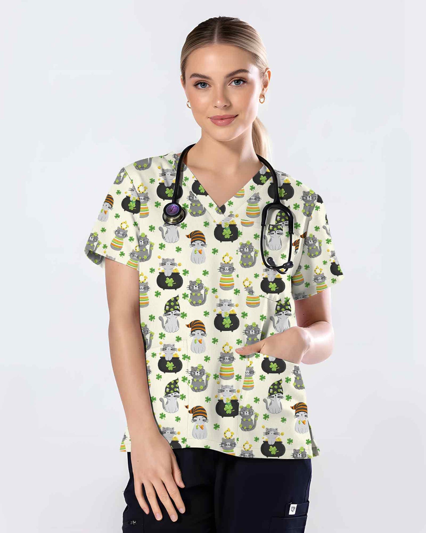 Cream St. Patrick's Day Cat Medical Scrub Top