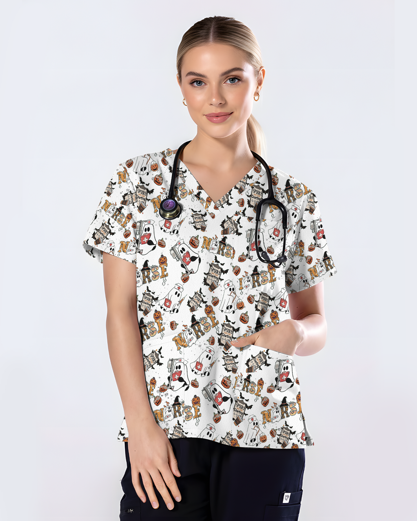 Funny Cute Halloween Ghost Medical Scrub Top