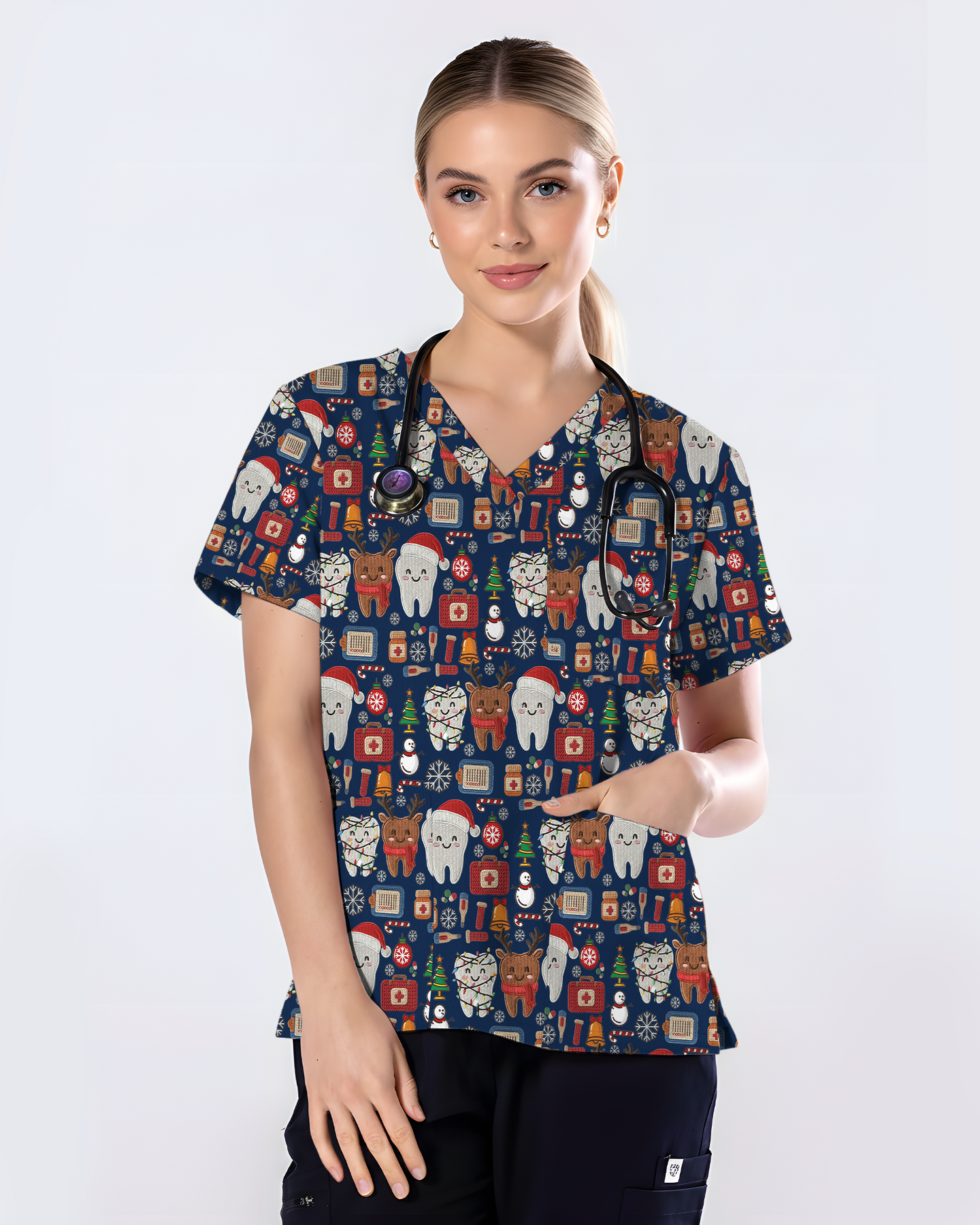Cute Reindeer and Santa Teeth Holiday Dental Scrub Top