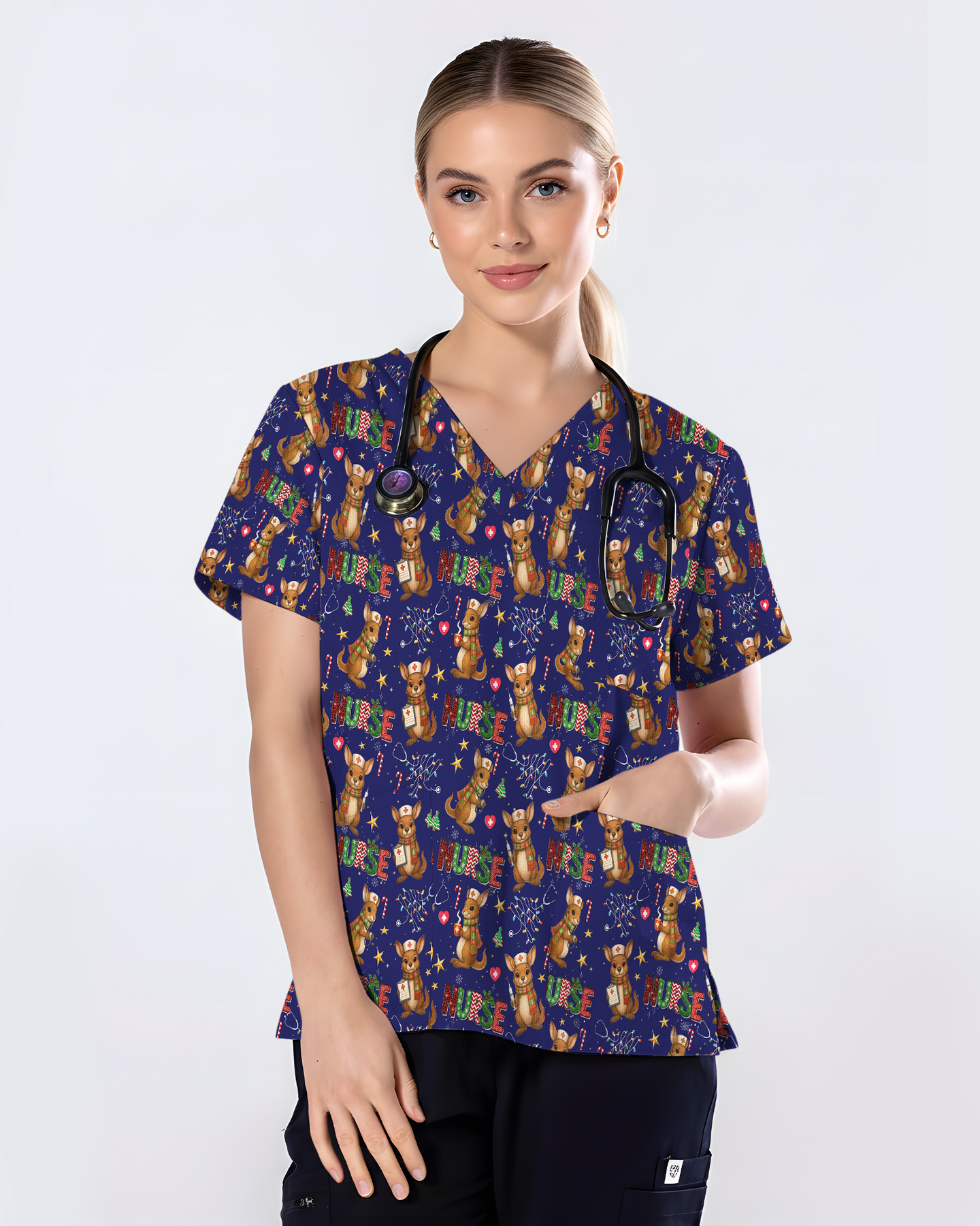 Cute Xmas Kangaroo Medical Scrub Top