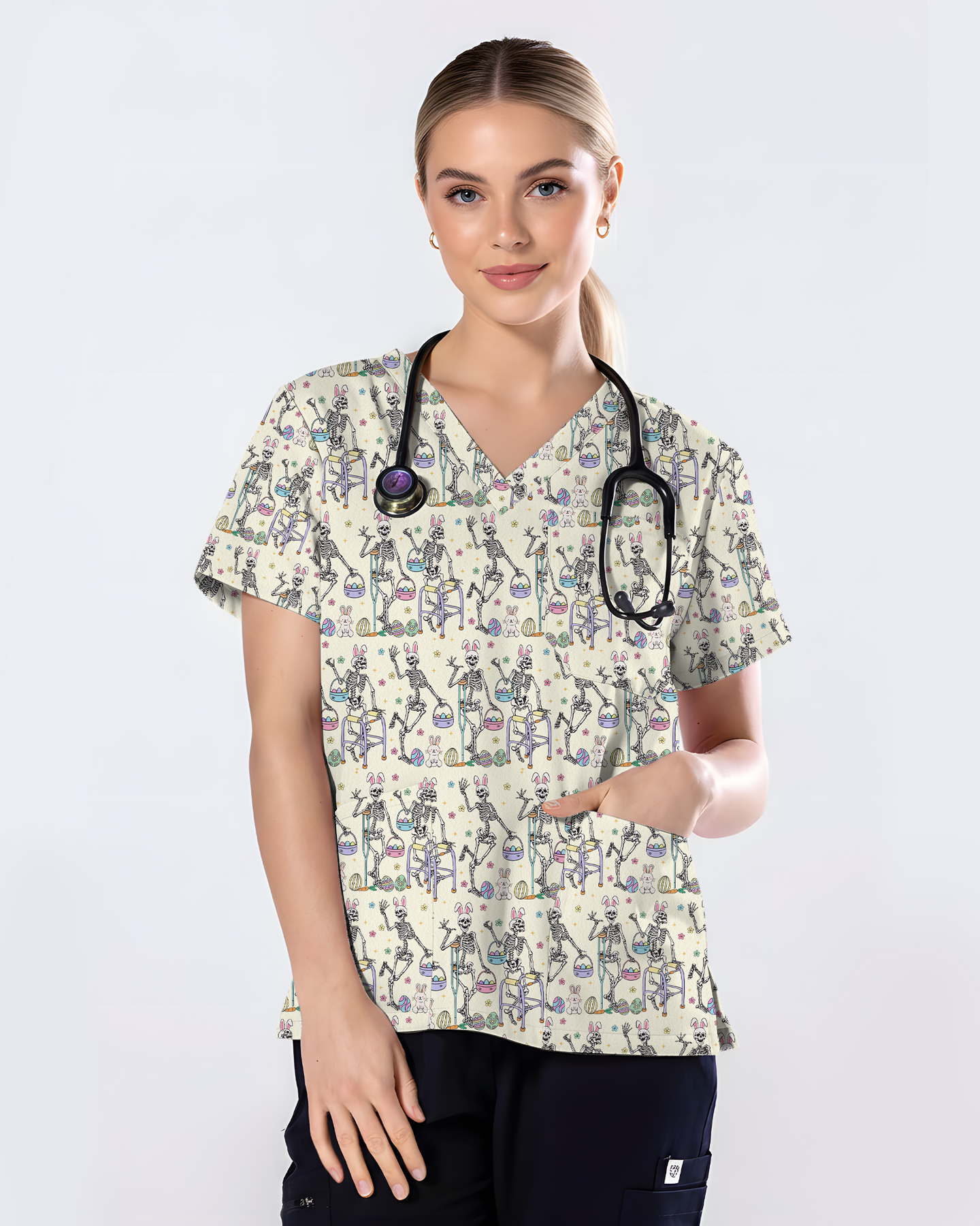 Easter Bunny Skeleton Physical Therapy Scrub Top