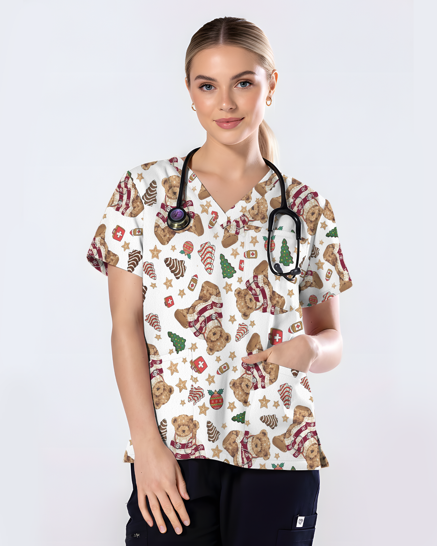 Cute Christmas Teddy Bear Medical Scrub Top