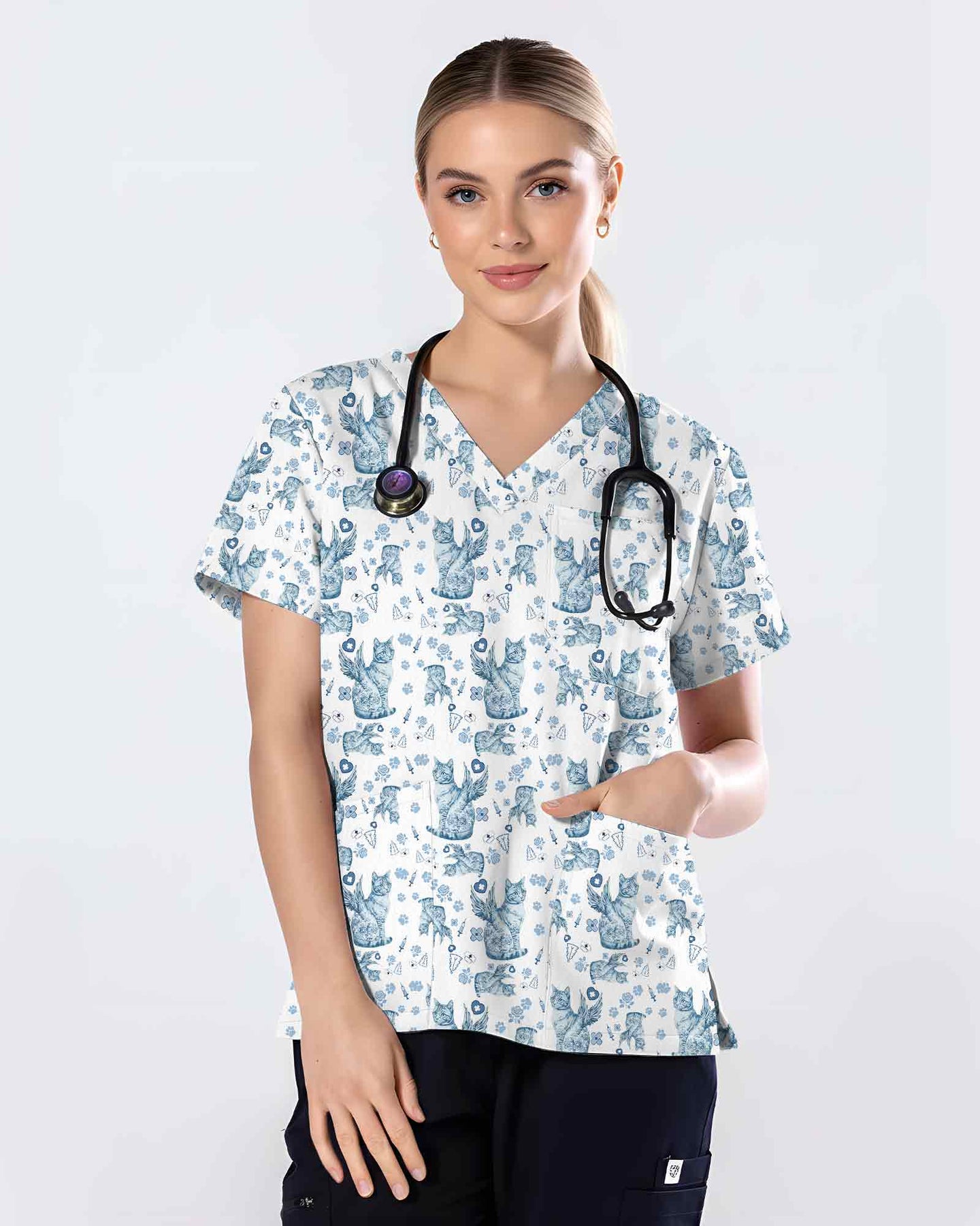 Blue Toile De Jouy Angel Cat Scrub Top