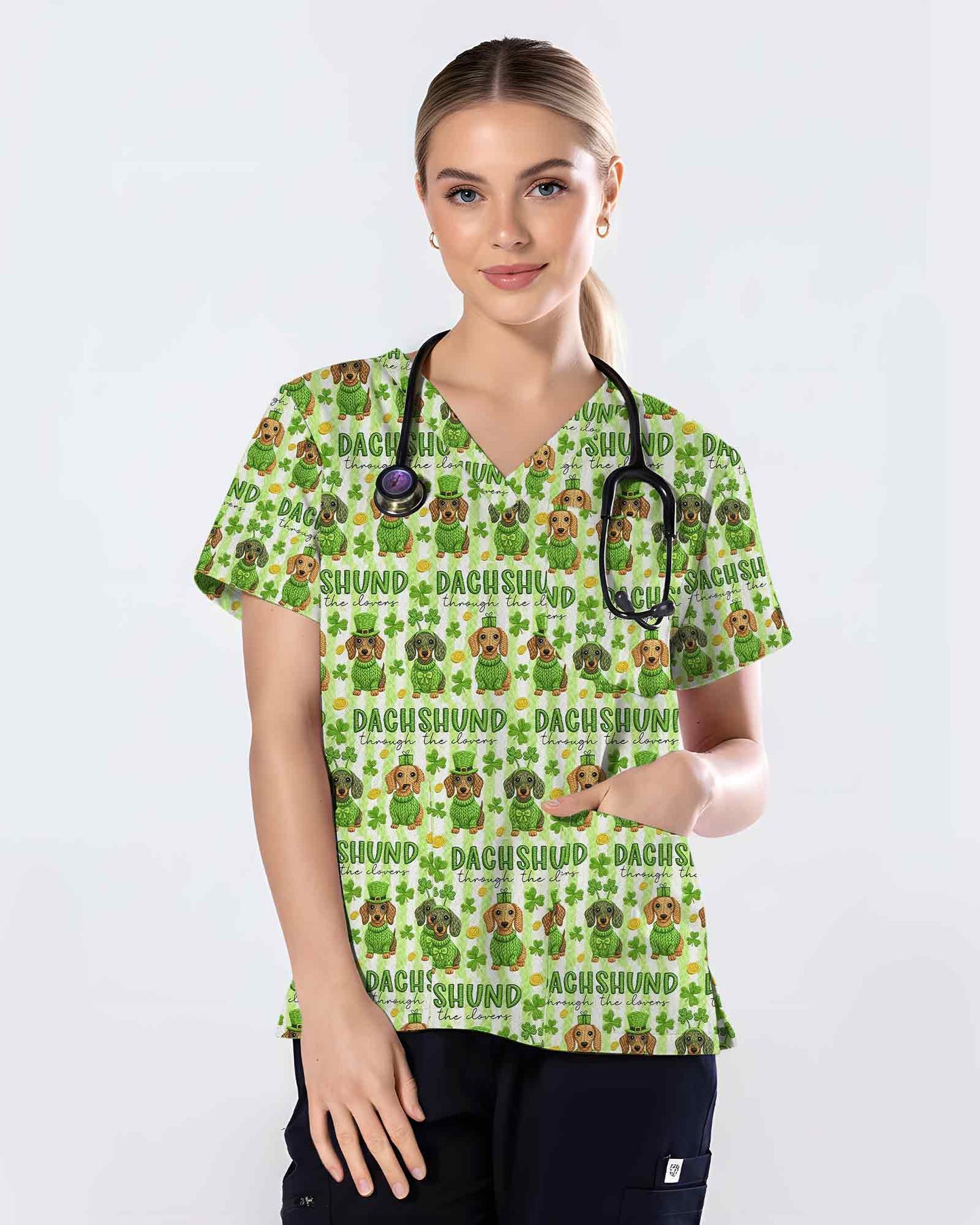 Green Lucky Dachshund  Scrub Top