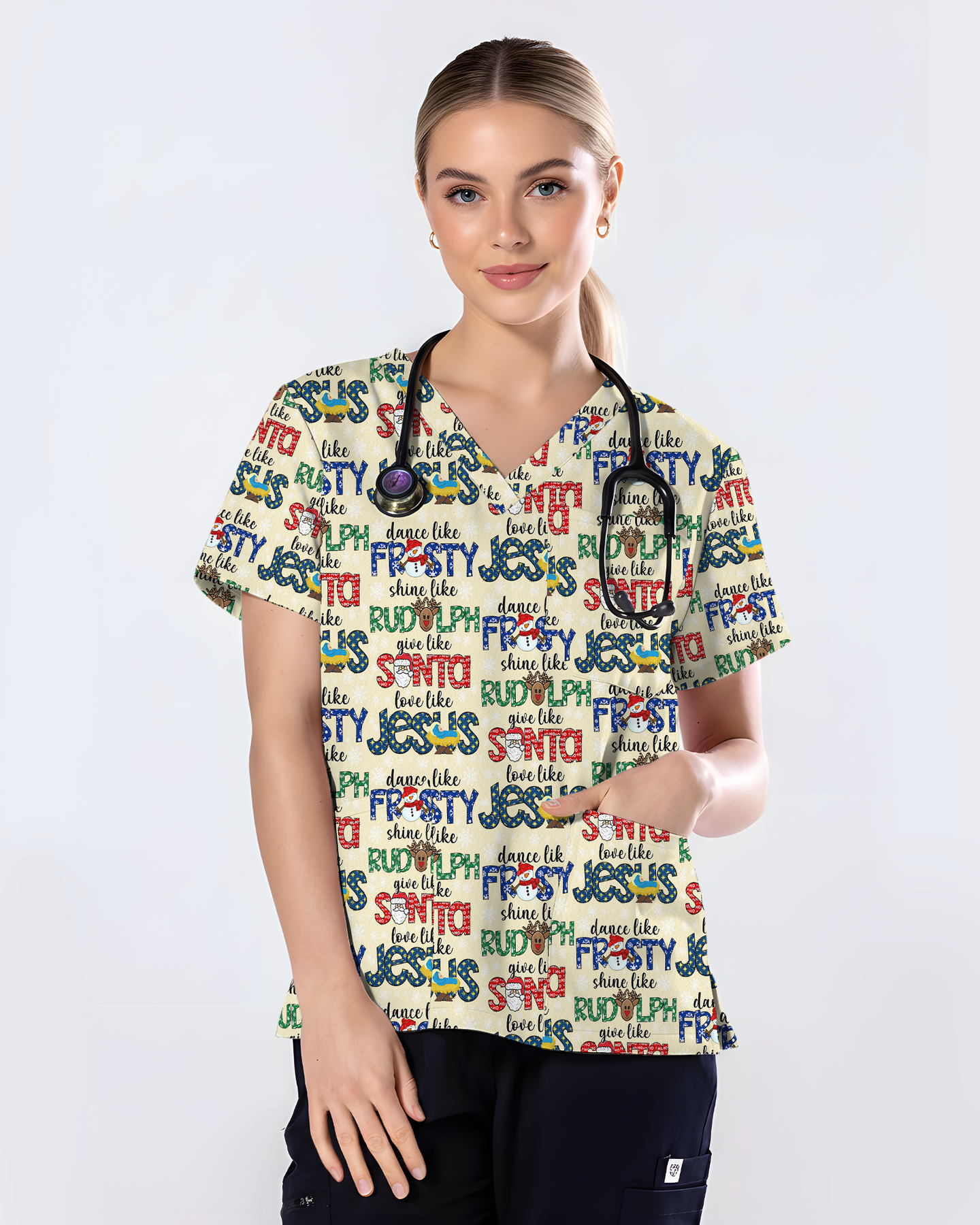 Festive Santa Rudolph Frosty Scrub Top
